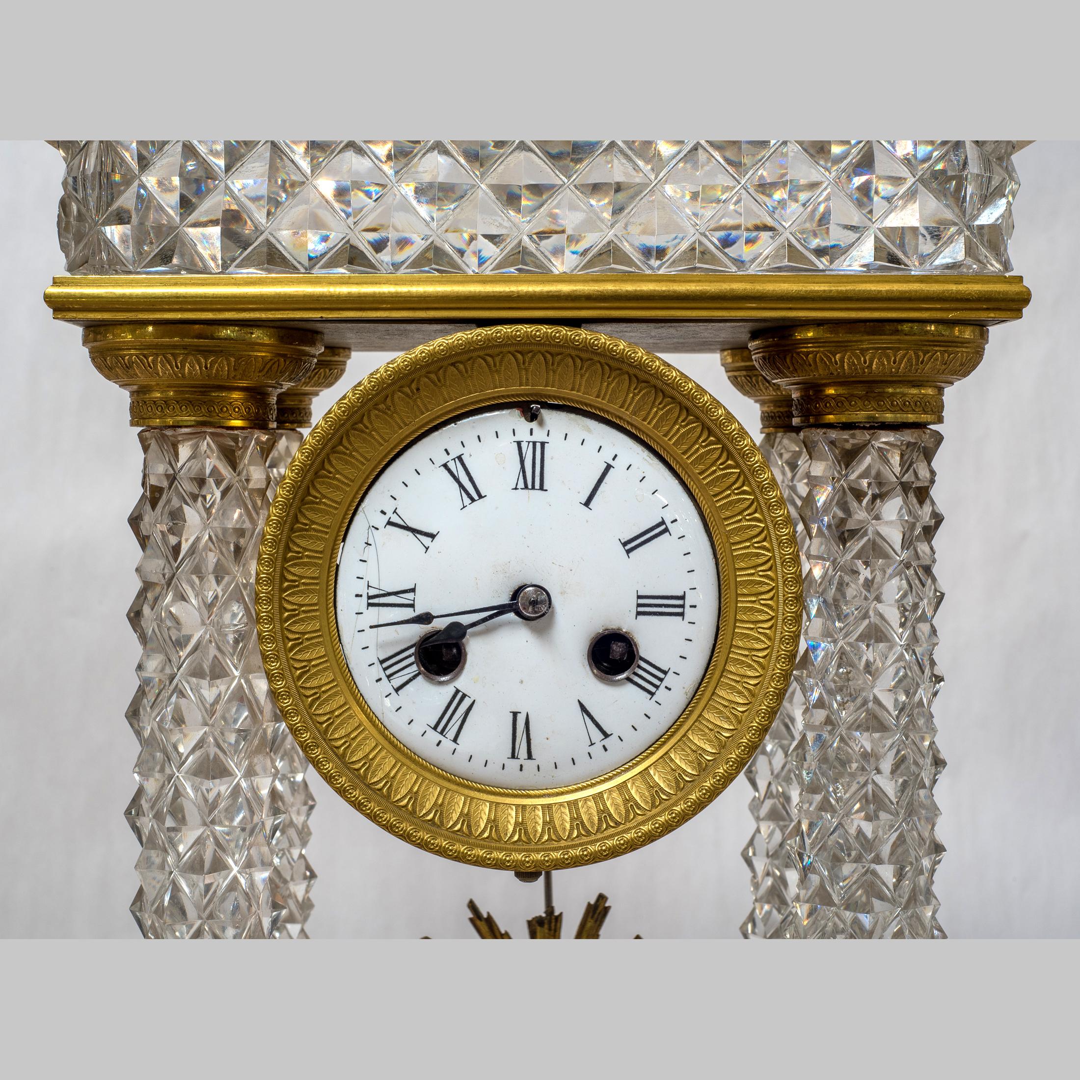 Gilt French Charles X Ormolu and Cut-Glass Portico Mantel Clock For Sale