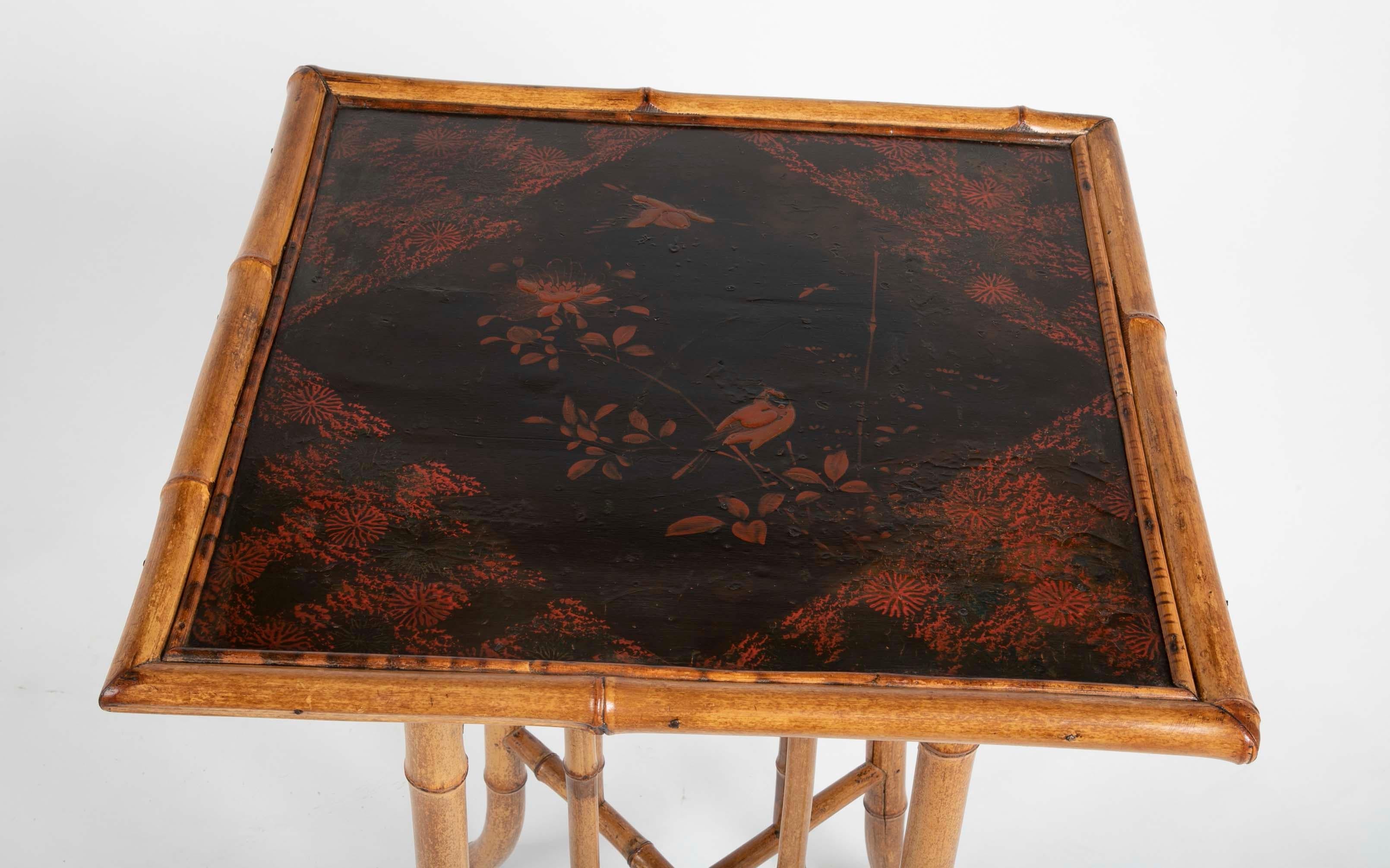 French Chinoiserie Bamboo and Lacquer Side Table 2