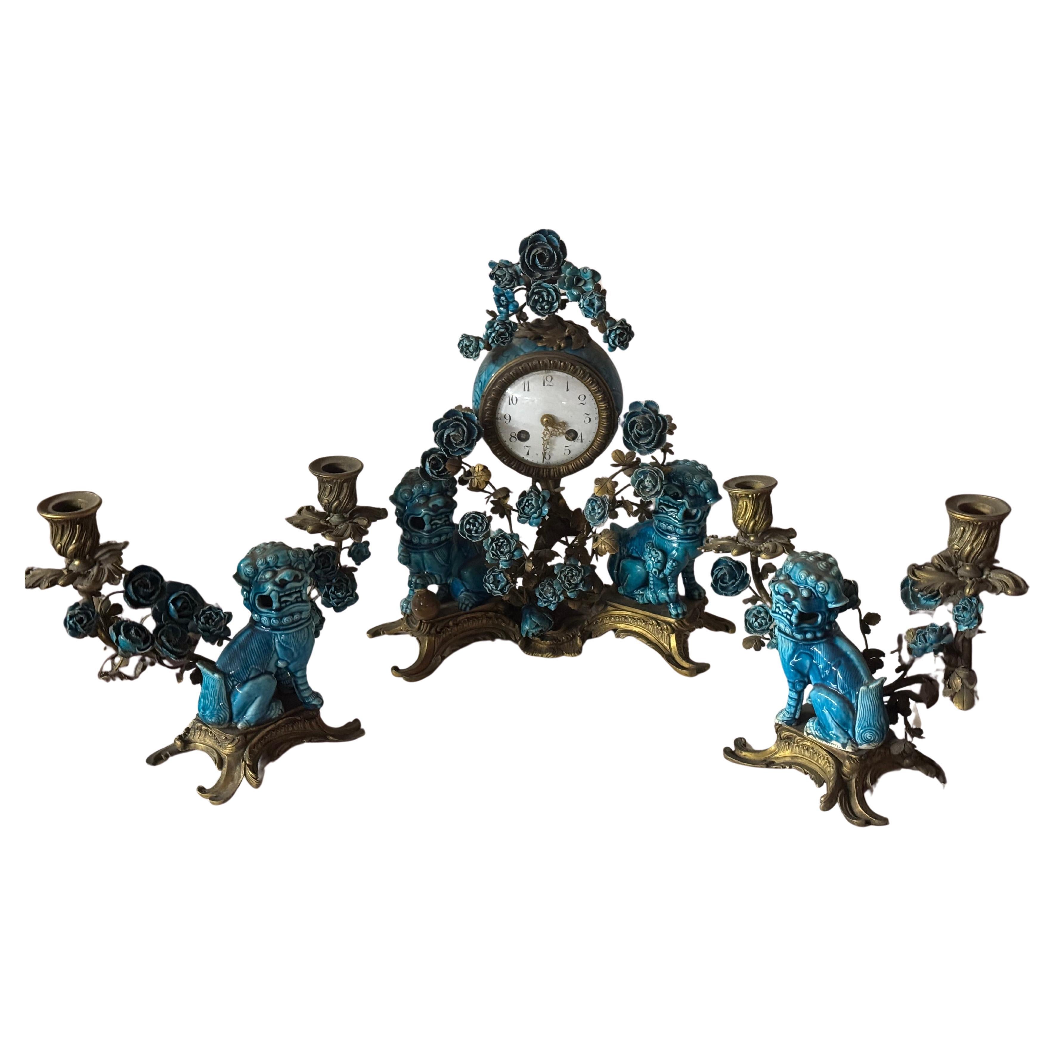 A french chinoiserie style three pieces gilt bronze and porcelain For Sale