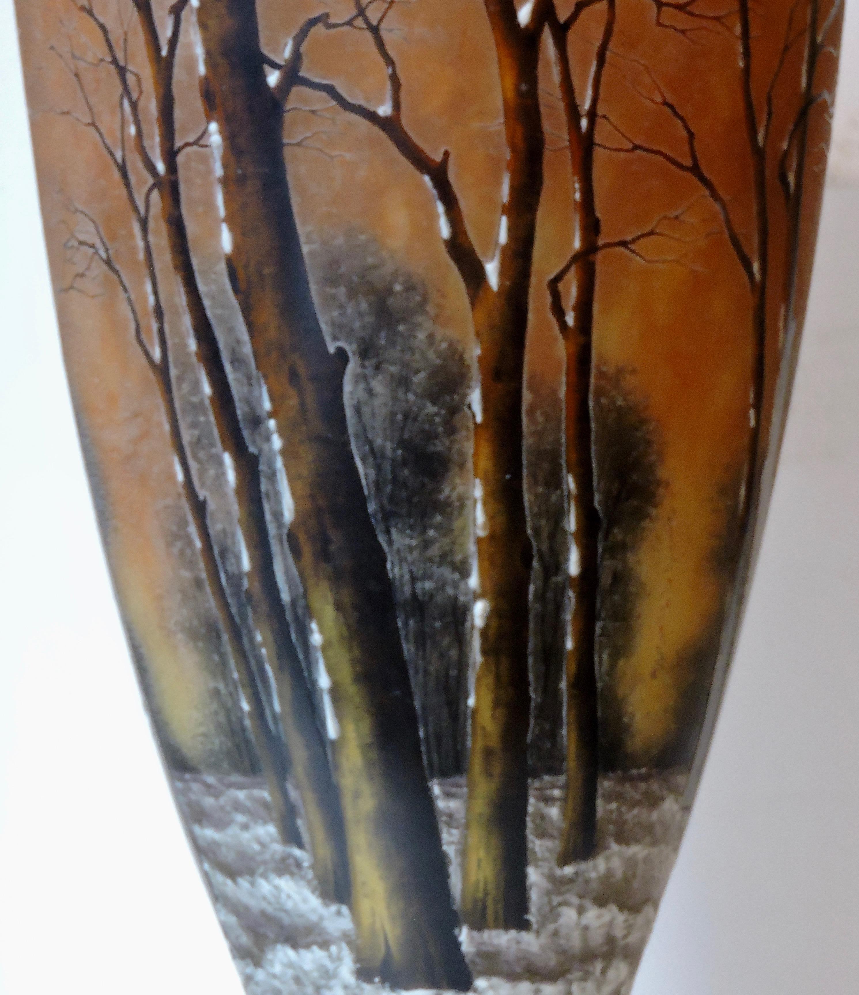 French Daum Nancy Enameled  Winter Landscape Glass Vase, circa 1900 2