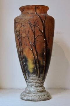 French Daum Nancy Enameled  Winter Landscape Glass Vase, circa 1900