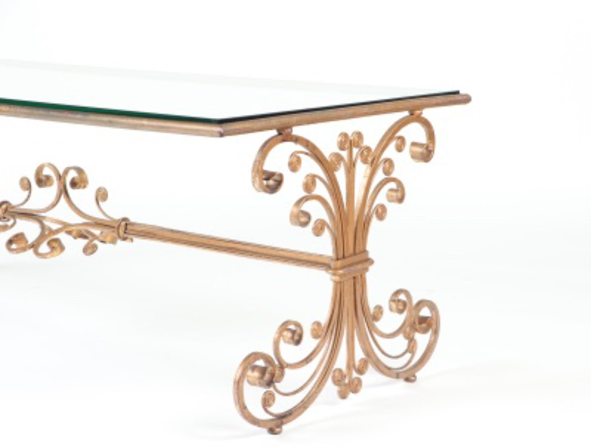 Modern French Coffee Table with Gilded Iron Base, circa 1960.