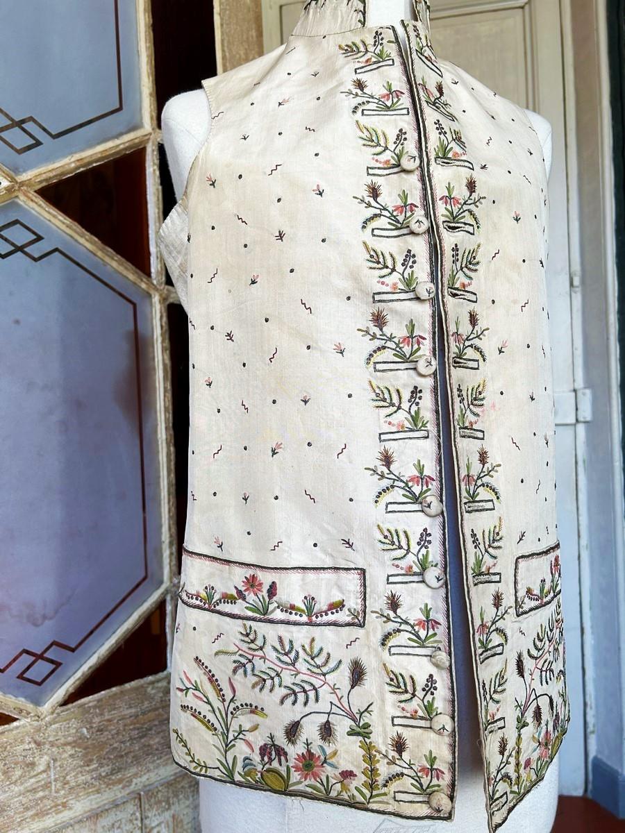 A French court waistcoat in embroidered taffeta with exotic decoration C. 1785 For Sale 9