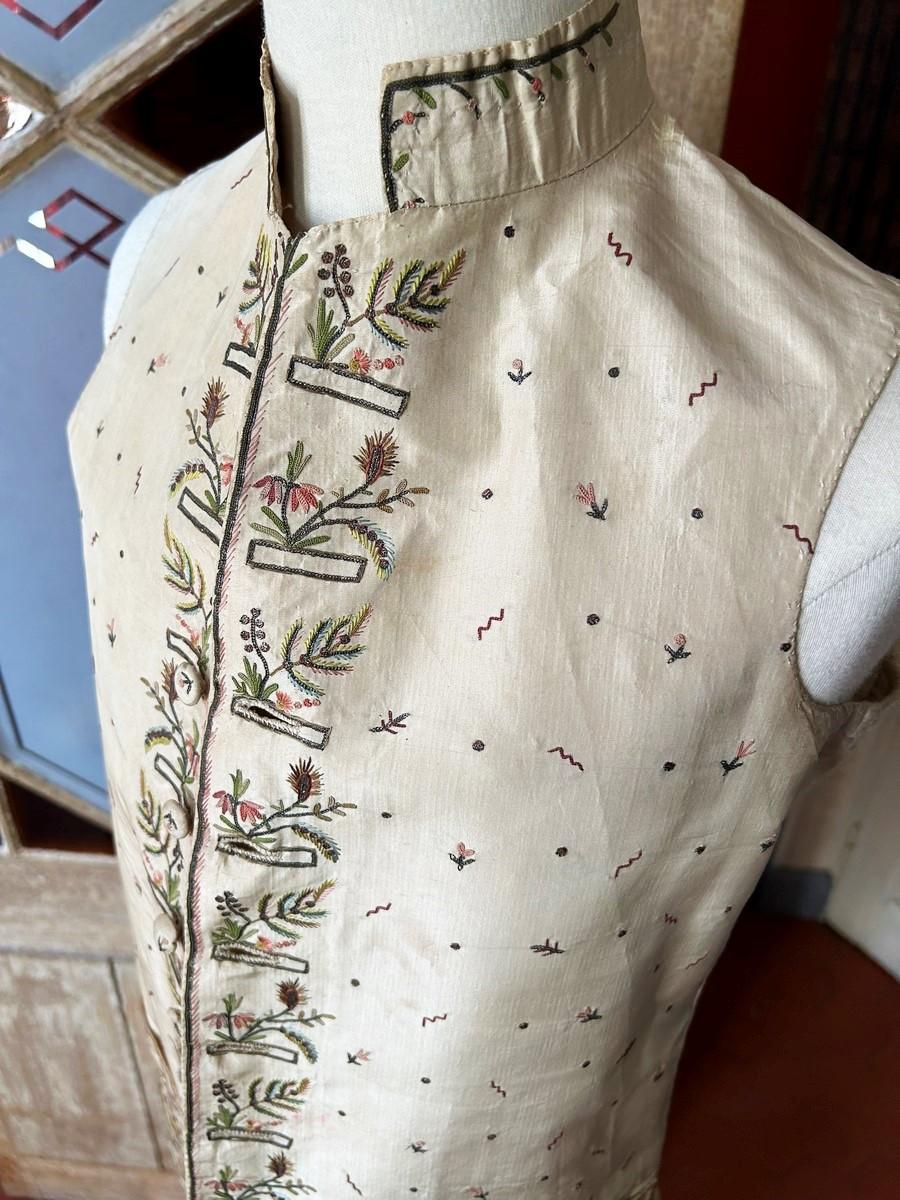 A French court waistcoat in embroidered taffeta with exotic decoration C. 1785 For Sale 11