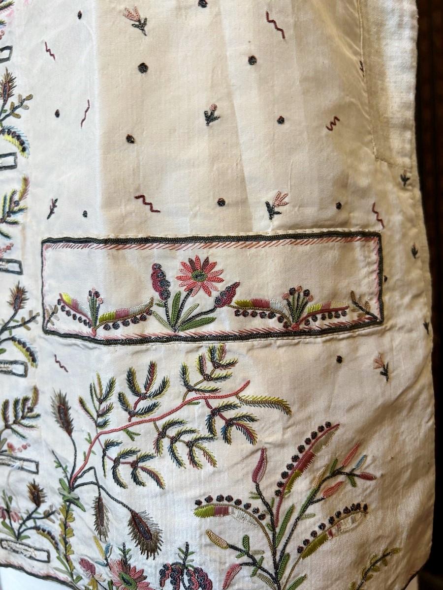 Gray A French court waistcoat in embroidered taffeta with exotic decoration C. 1785 For Sale