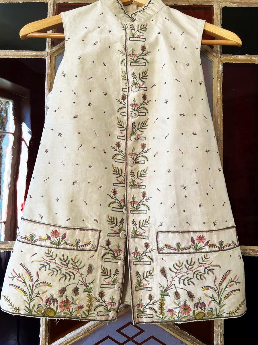 A French court waistcoat in embroidered taffeta with exotic decoration C. 1785 In Good Condition For Sale In Toulon, FR