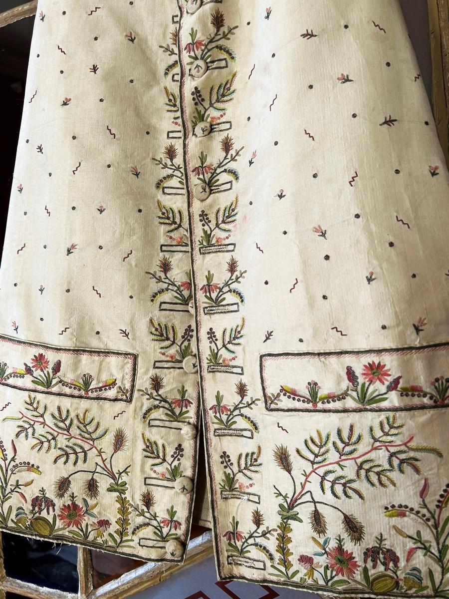Women's or Men's A French court waistcoat in embroidered taffeta with exotic decoration C. 1785 For Sale