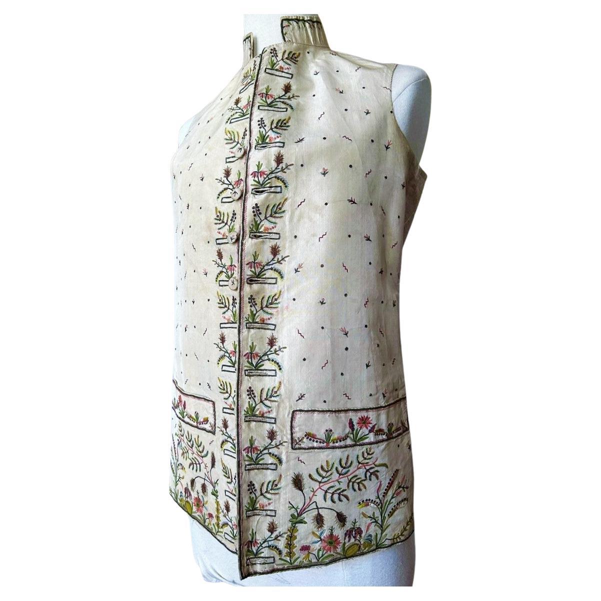 A French court waistcoat in embroidered taffeta with exotic decoration C. 1785 For Sale
