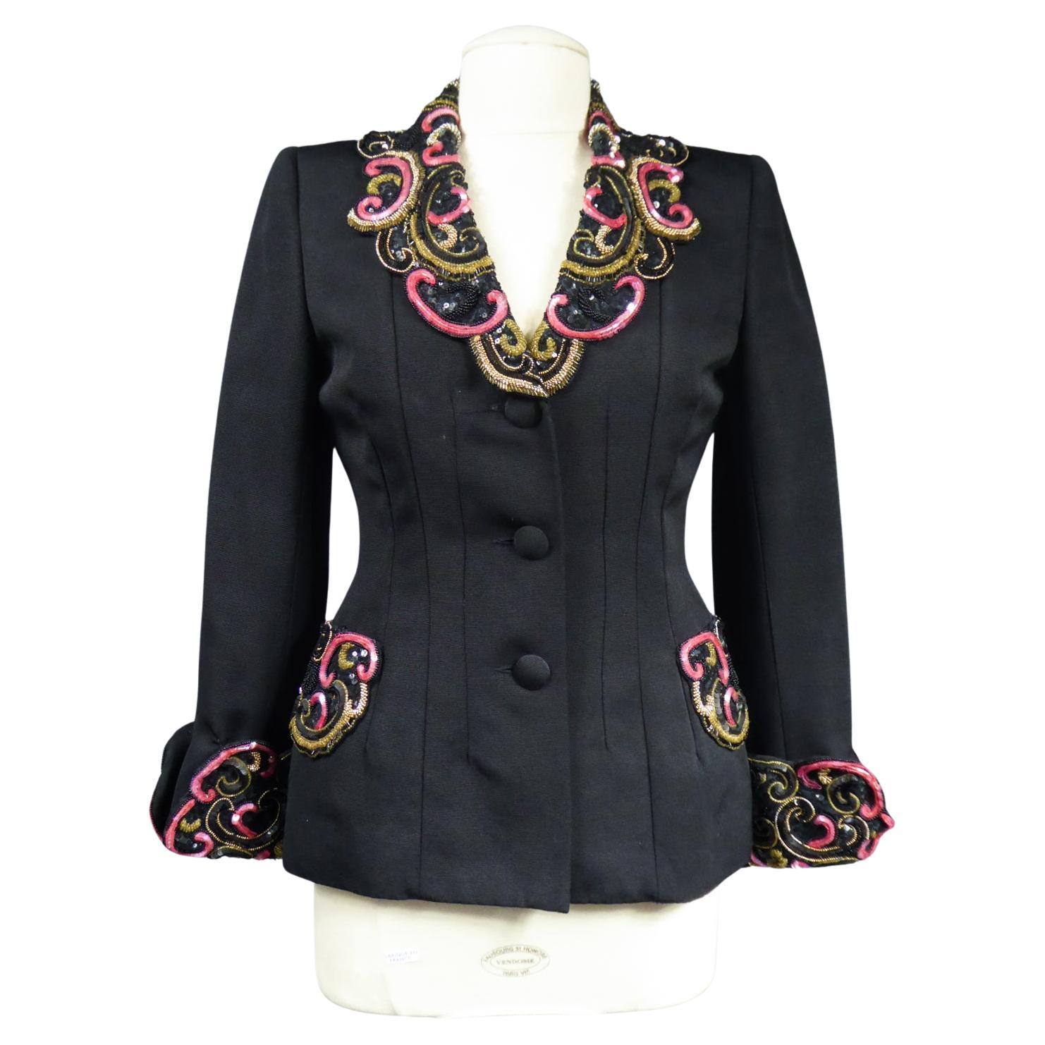 A French Couture Bar Jacket Beads & Sequins Embroidered Sequins Circa 1950 For Sale