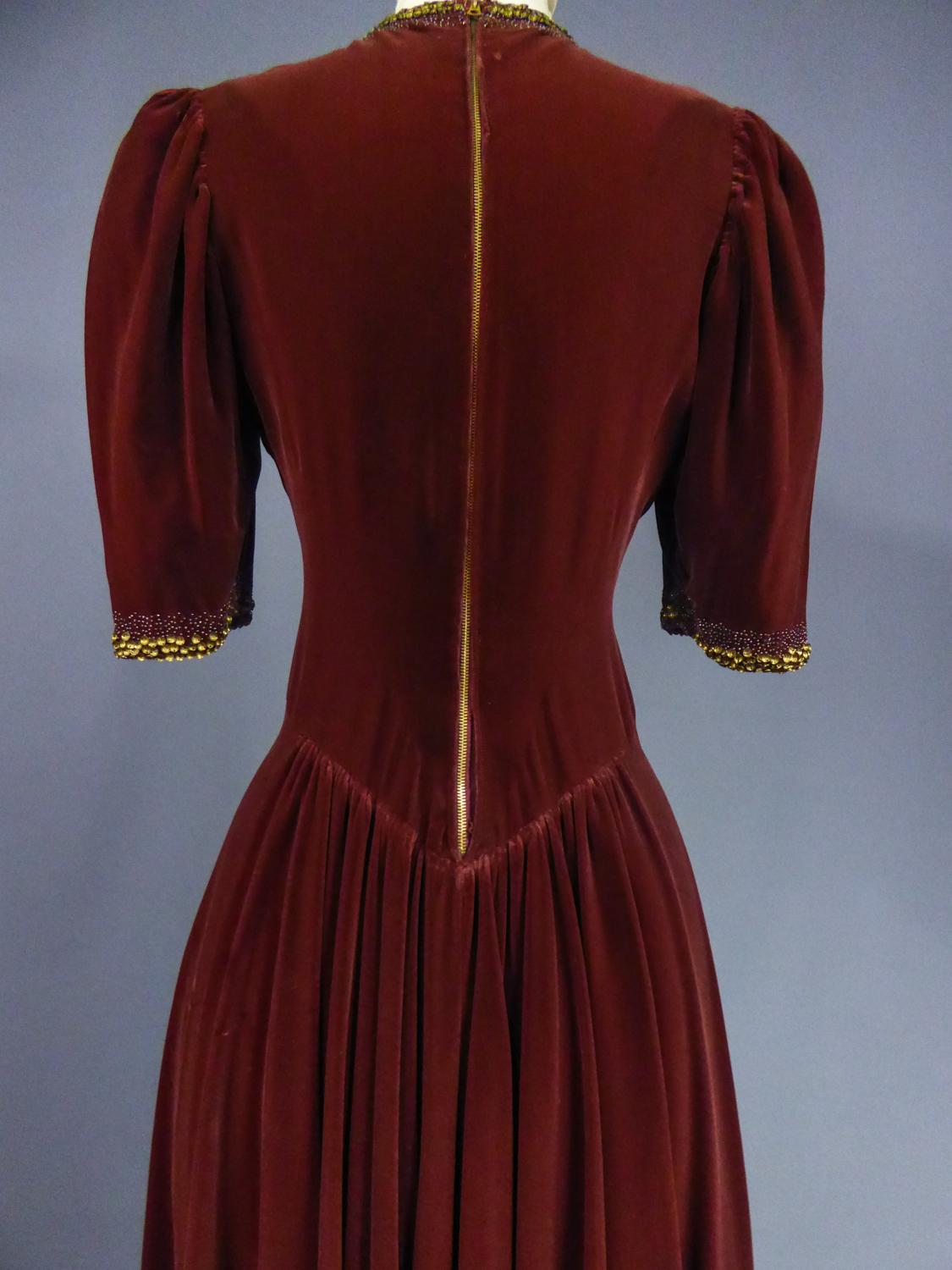 A French Couture Beaded Chocolate Velvet Dress Circa 1940-1950 For Sale 2