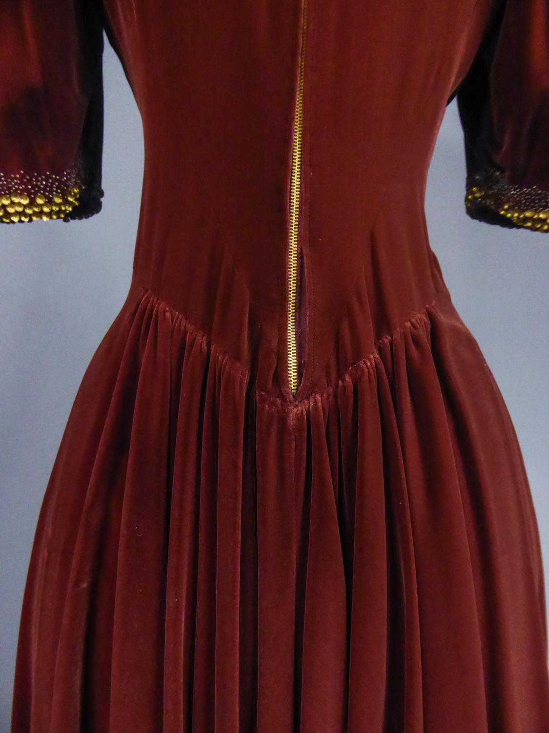 A French Couture Beaded Chocolate Velvet Dress Circa 1940-1950 For Sale 3