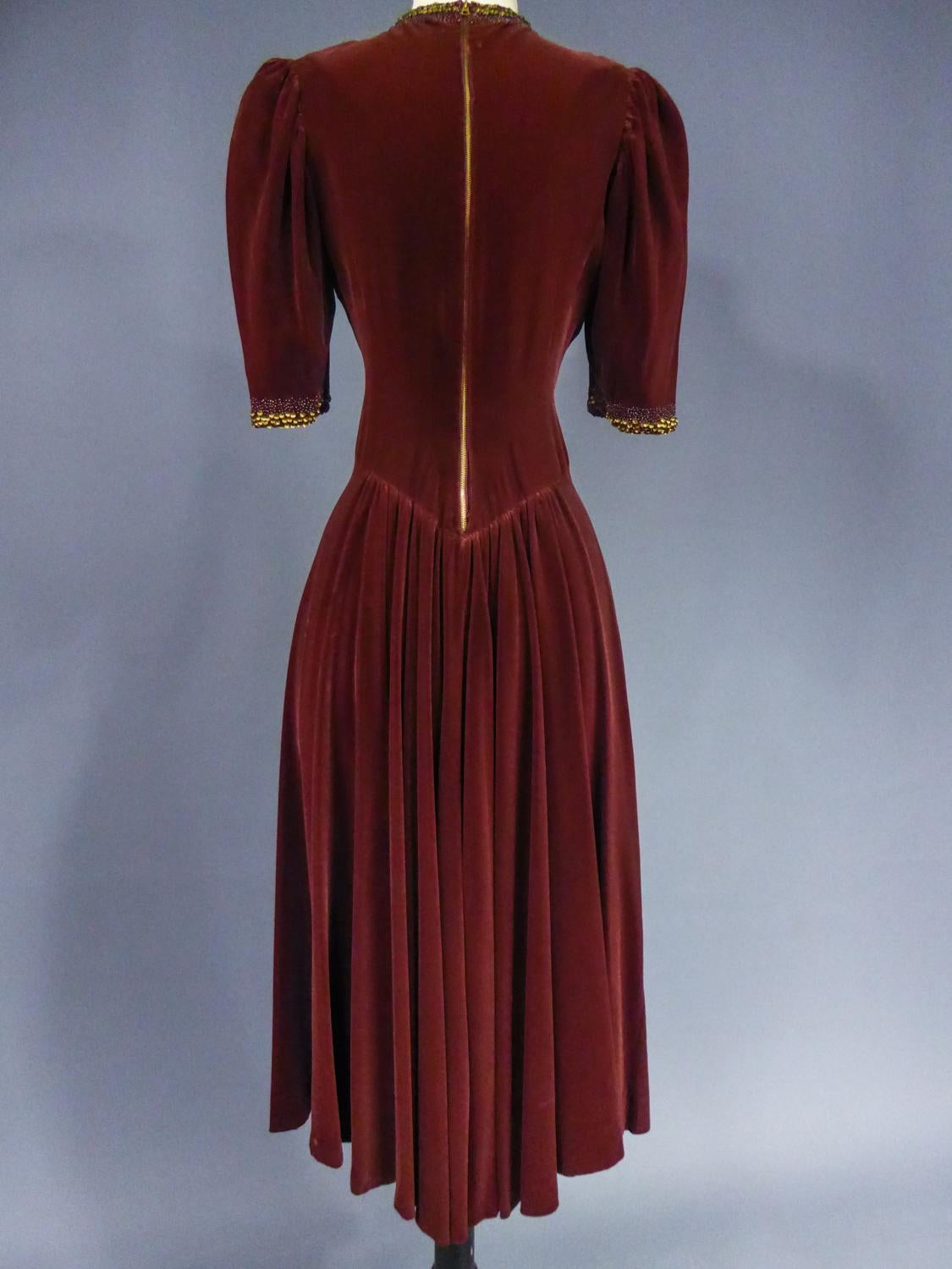A French Couture Beaded Chocolate Velvet Dress Circa 1940-1950 For Sale 1