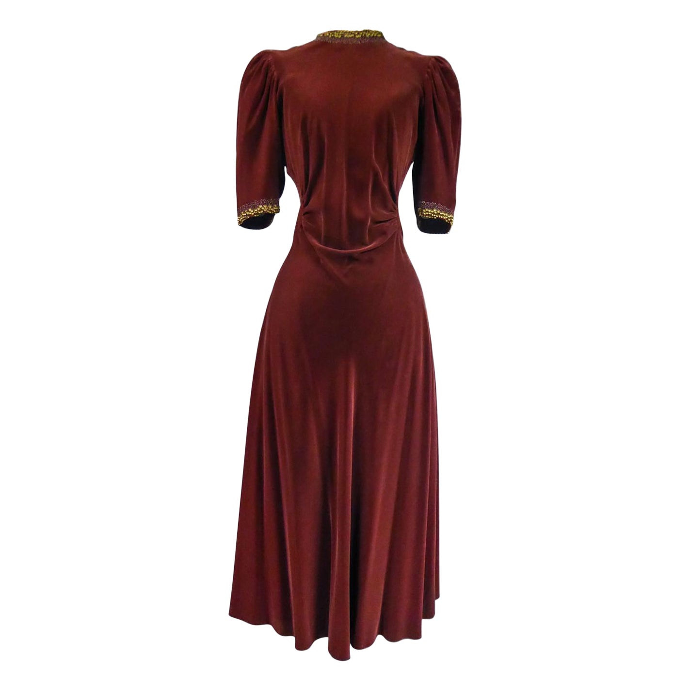 A French Couture Beaded Chocolate Velvet Dress Circa 1940-1950