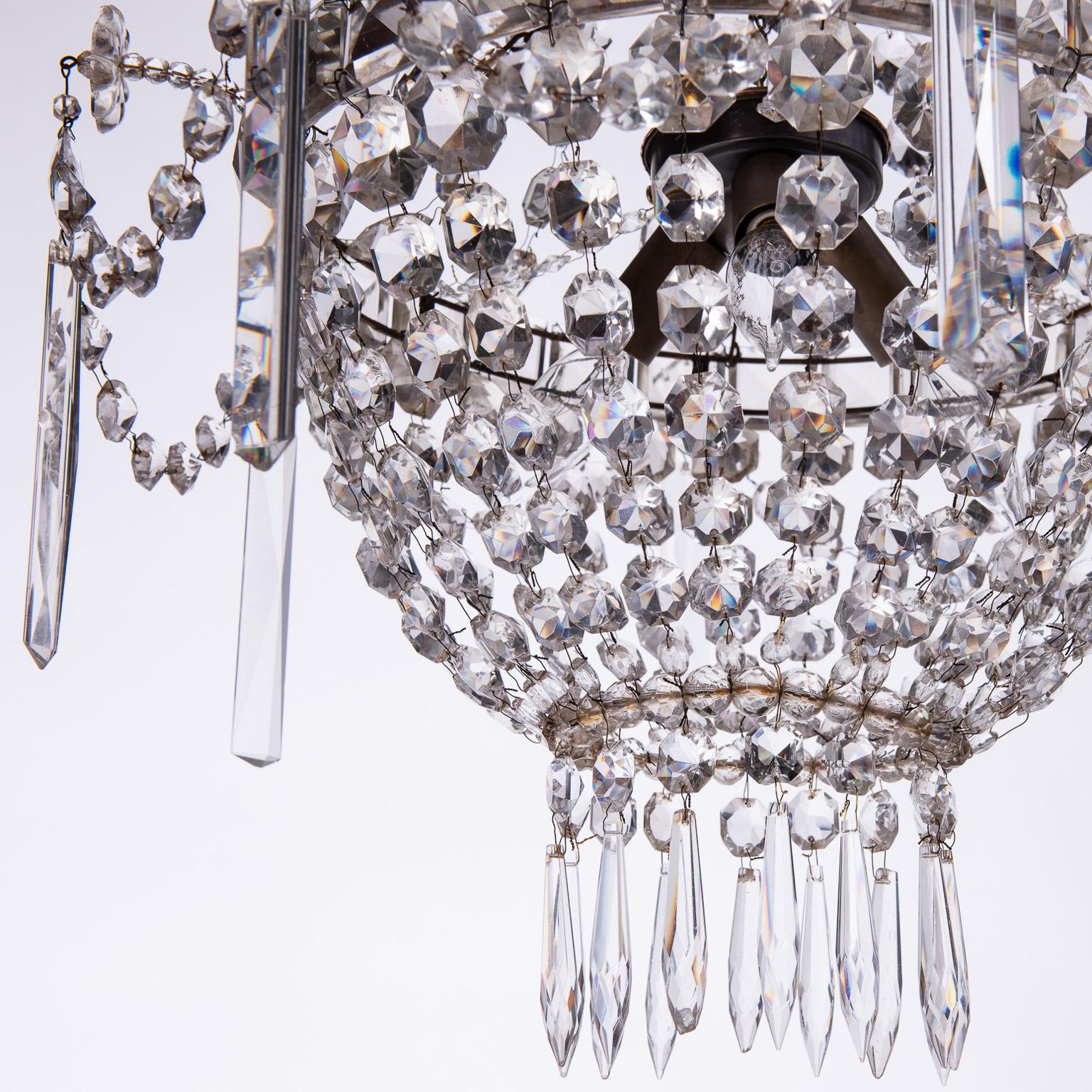 Steel French Crystal Three-Light Chandelier, circa 1900 For Sale