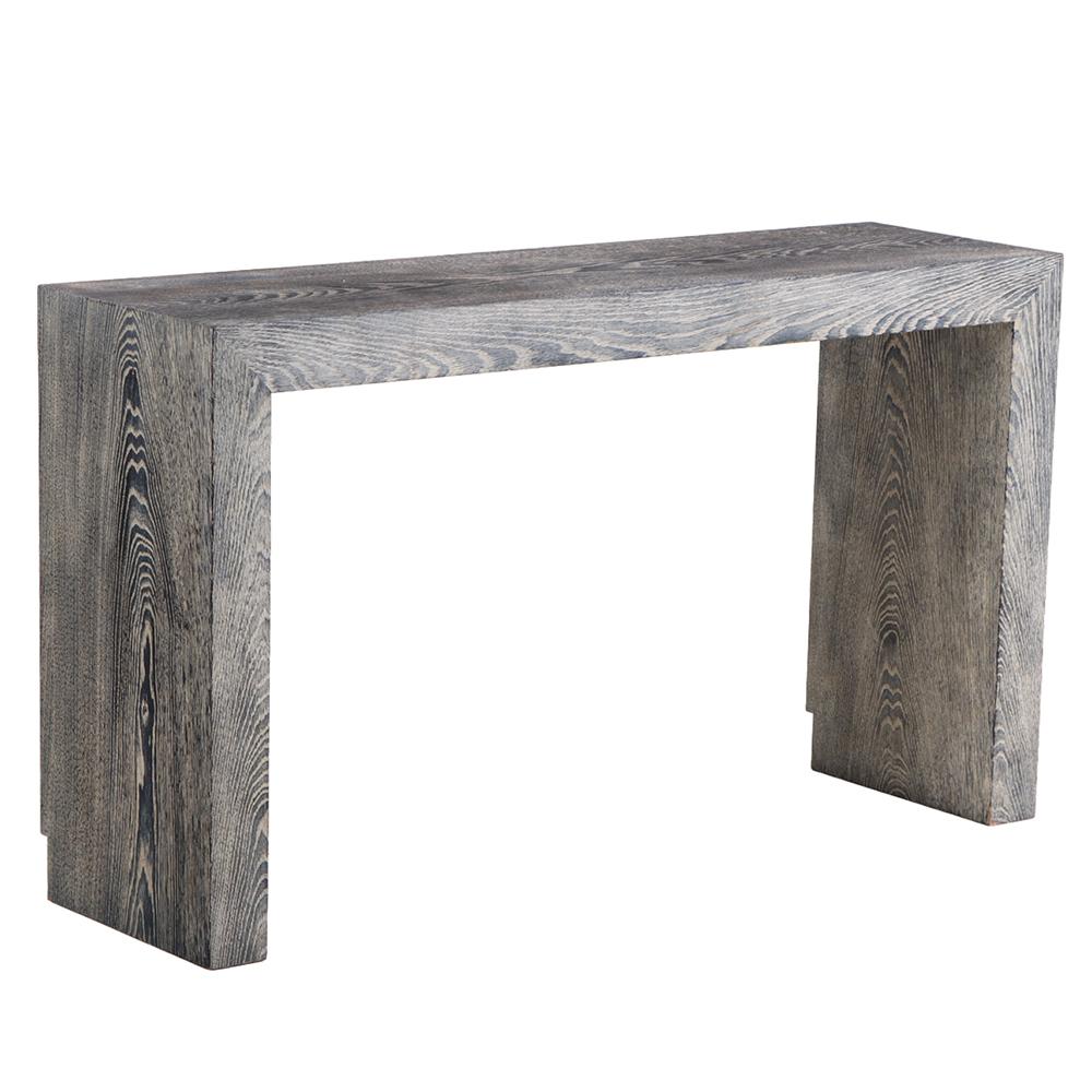 This beautiful waterfall style table adds a simple and understated elegance to your décor. A great addition as a serving table in the dining room or for your entryway or behind a sofa! Bottom on one side has been notched to allow for baseboard