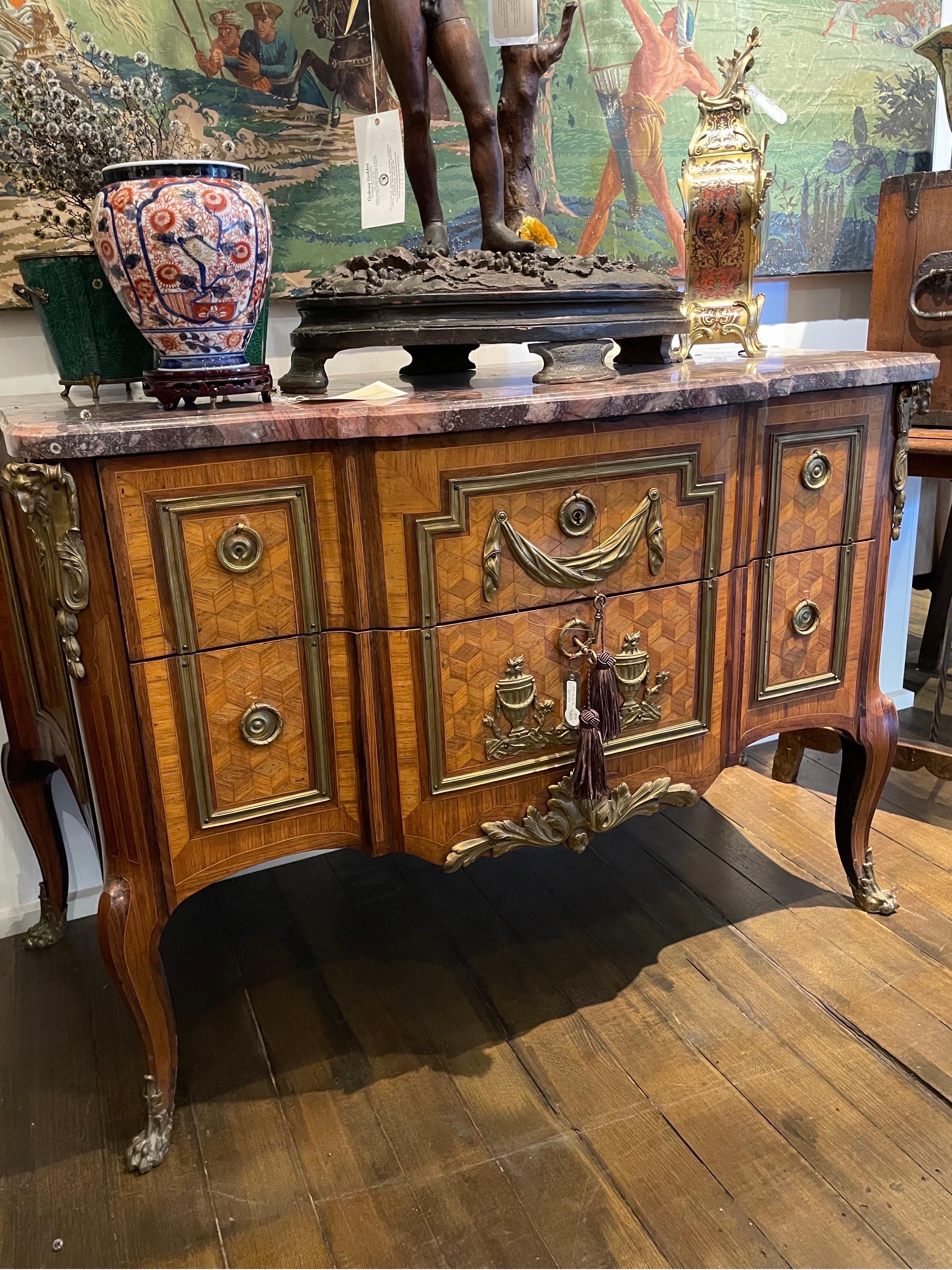 Parquetry A French Directoire Gilt Bronze Mounted Commode with Marble Top, 19th Century  For Sale