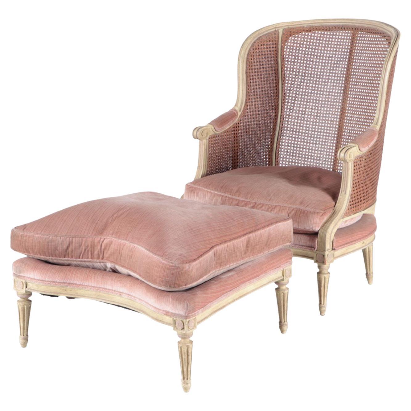 French Directoire Style Painted and Cain Bergere Chair with Conforming Ottoman