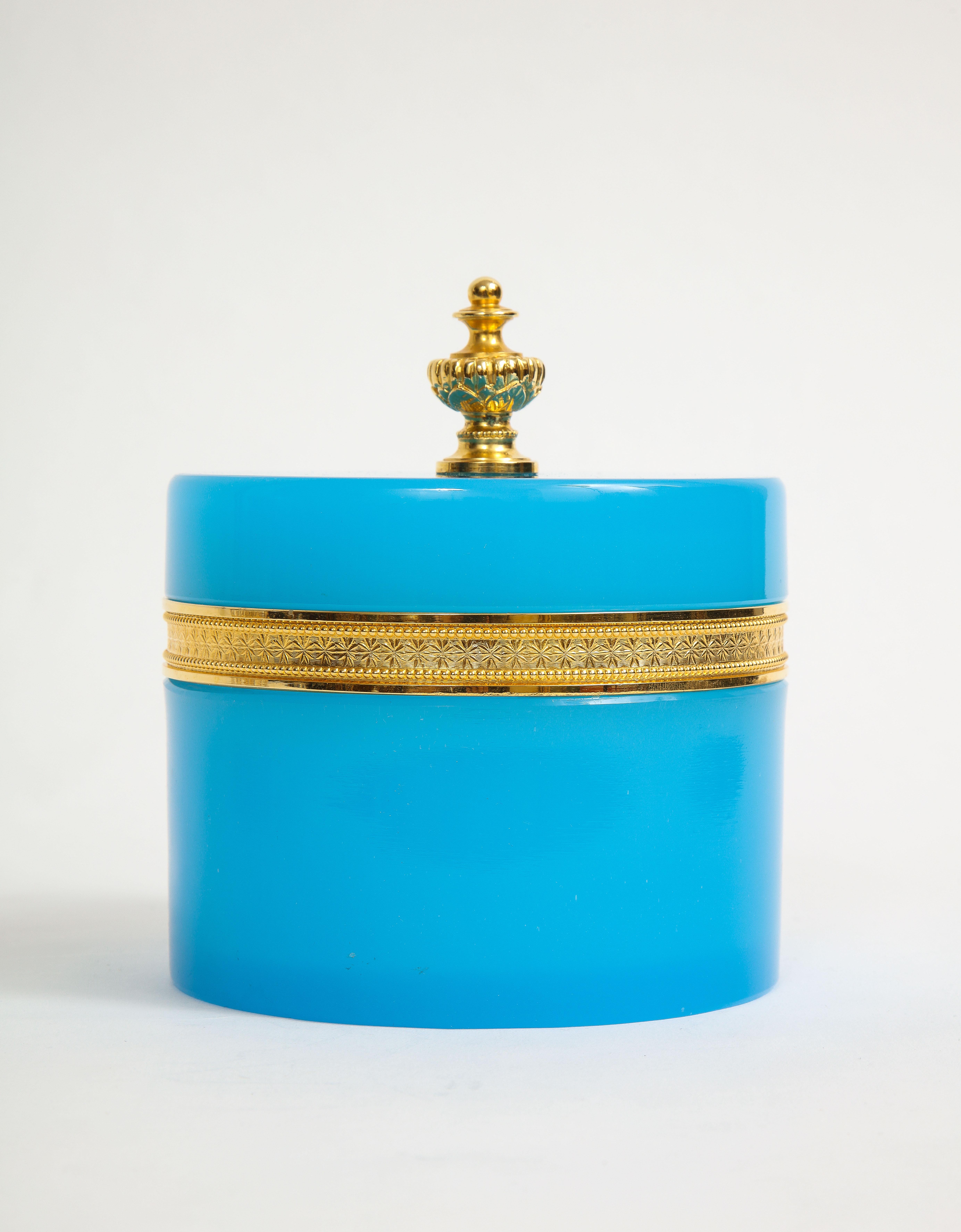 Louis XVI French Dore Bronze Mounted Blue Opalescent and Dore Bronze Finial Covered Box For Sale
