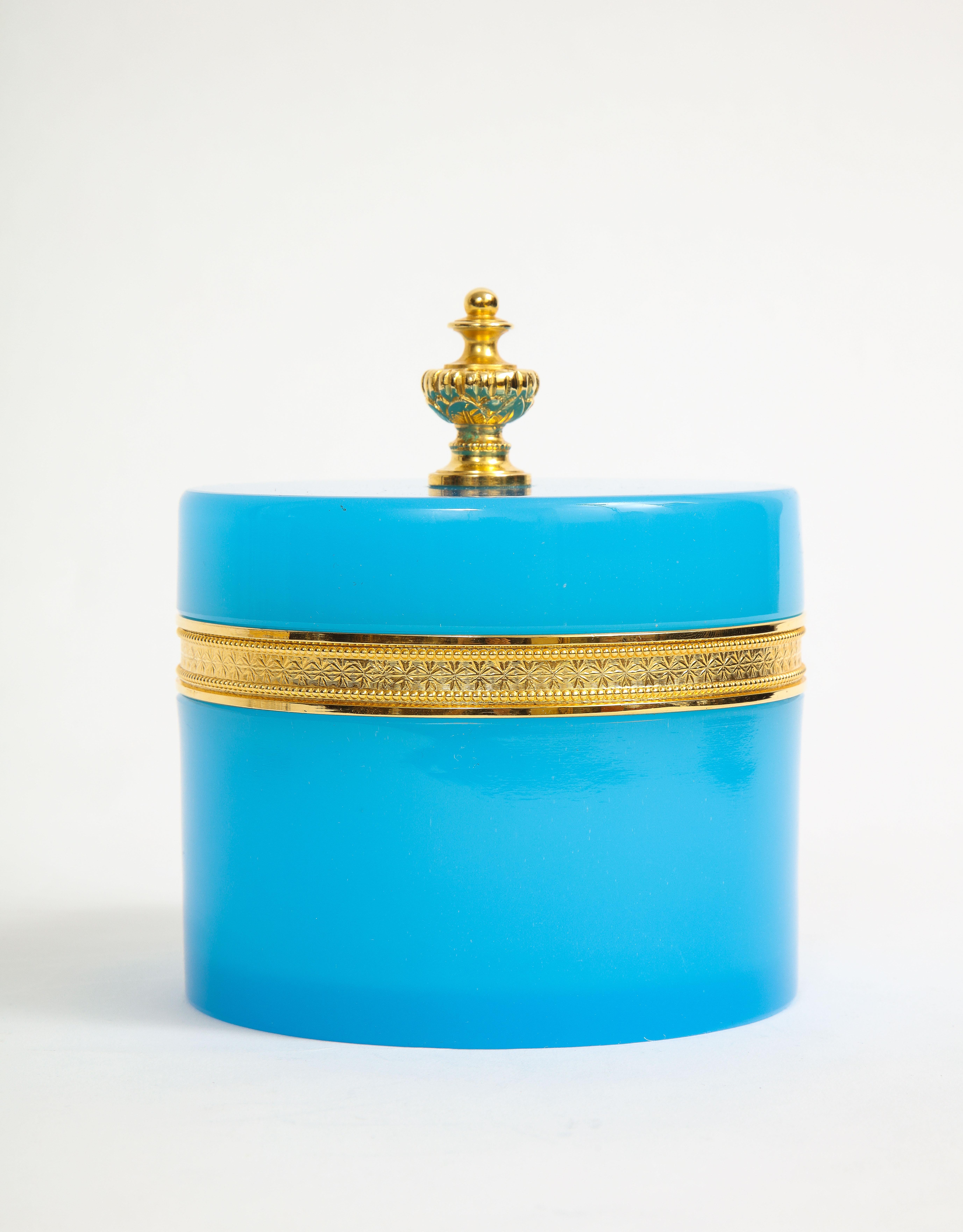 Hand-Carved French Dore Bronze Mounted Blue Opalescent and Dore Bronze Finial Covered Box For Sale