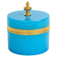 French Dore Bronze Mounted Blue Opalescent and Dore Bronze Finial Covered Box