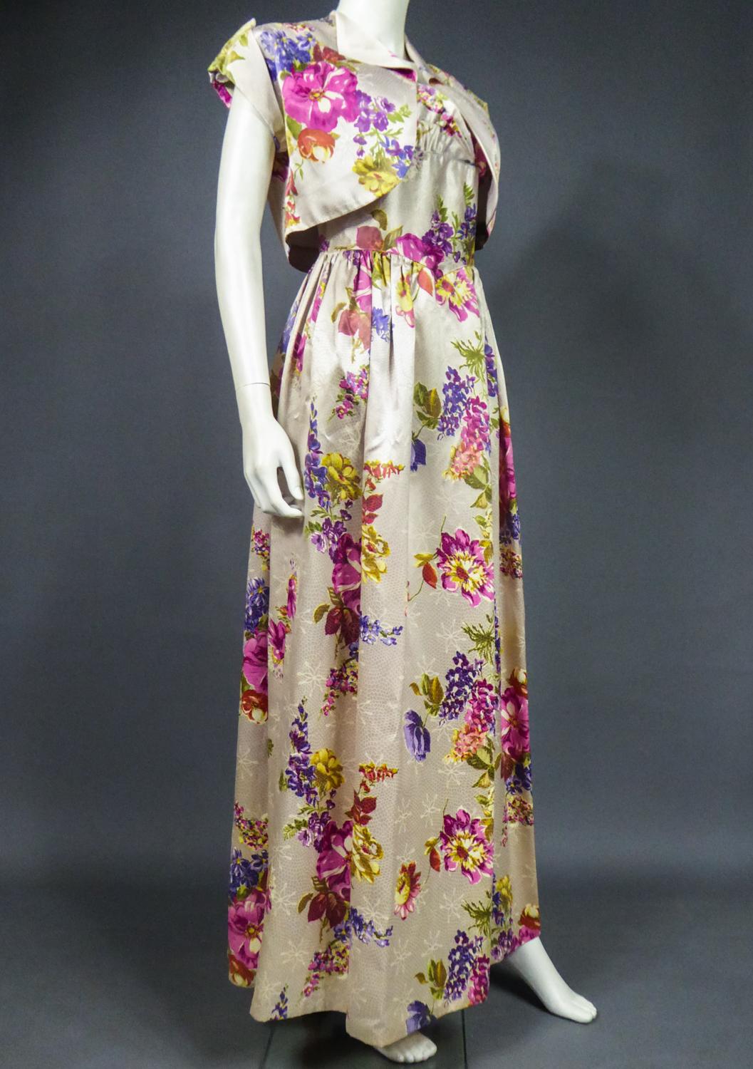 A French Dress and Jacket in Lustrous Printed Satin Silk Circa 1970 For ...