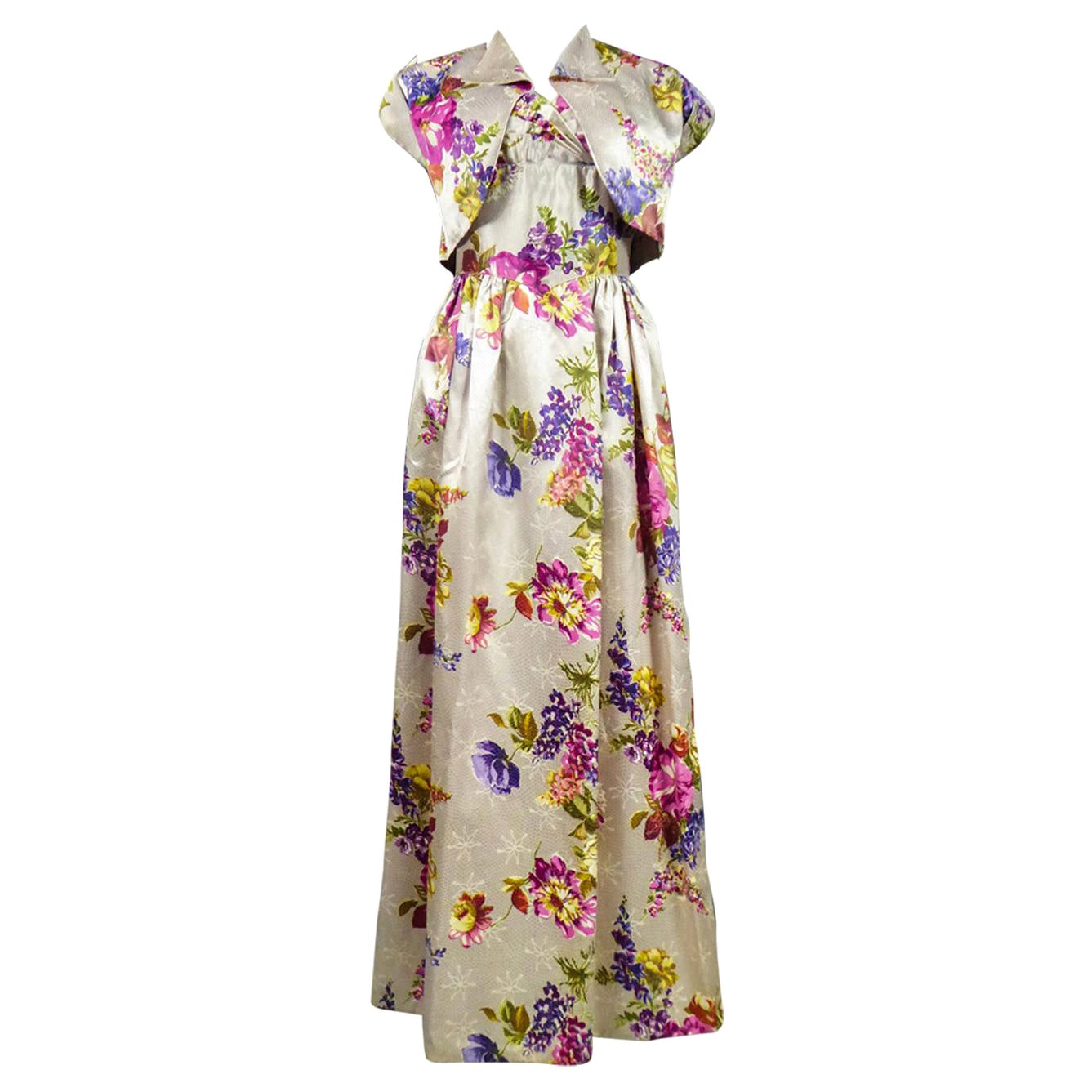Französisches Kleid und Jacke aus bedruckter Satinseide, um 1960