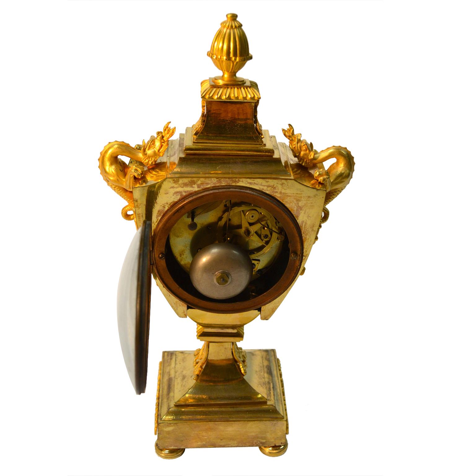 French Early 19th Century Empire Gilt Bronze Dragon Handled Urn Clock For Sale 2