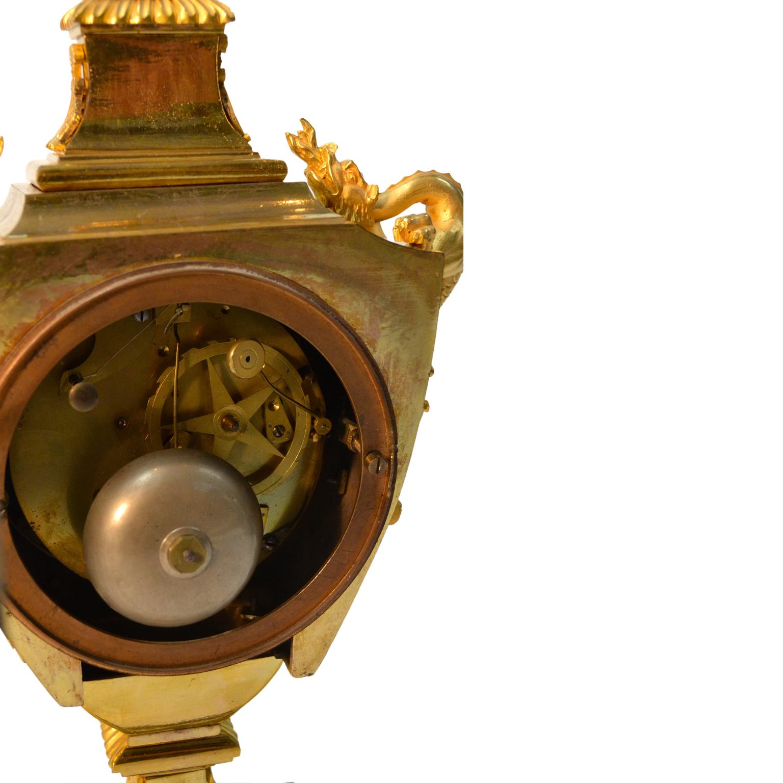 French Early 19th Century Empire Gilt Bronze Dragon Handled Urn Clock For Sale 3