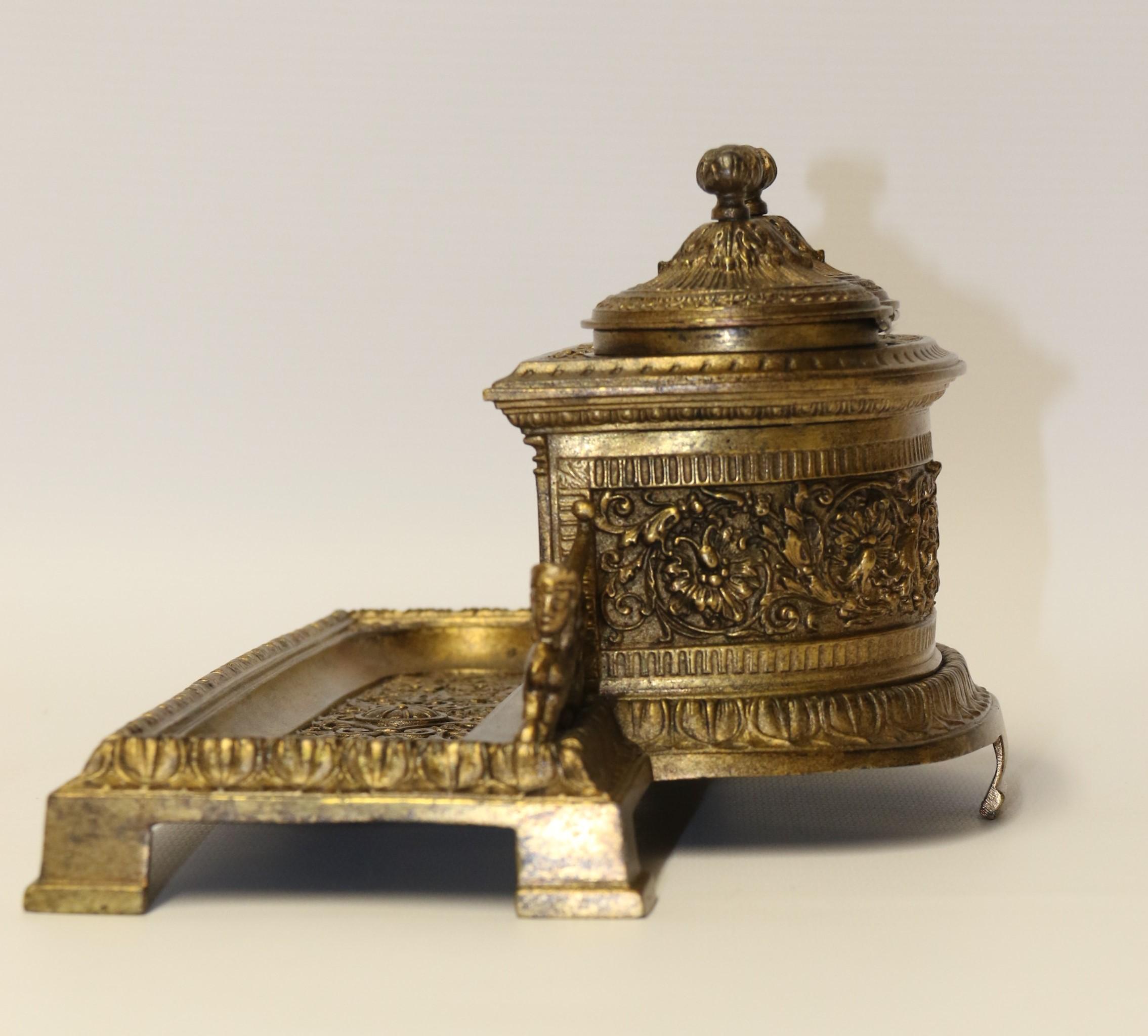 Gilt French Early 19th Century Bronze Grecian Style Pen and Ink Stand, circa 1830 For Sale