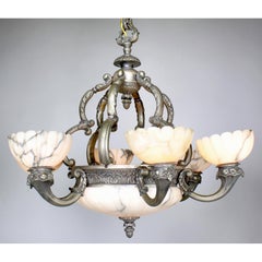 French Early 20th C. Art-Deco Silvered Bronze & Alabaster 6-Light Chandelier
