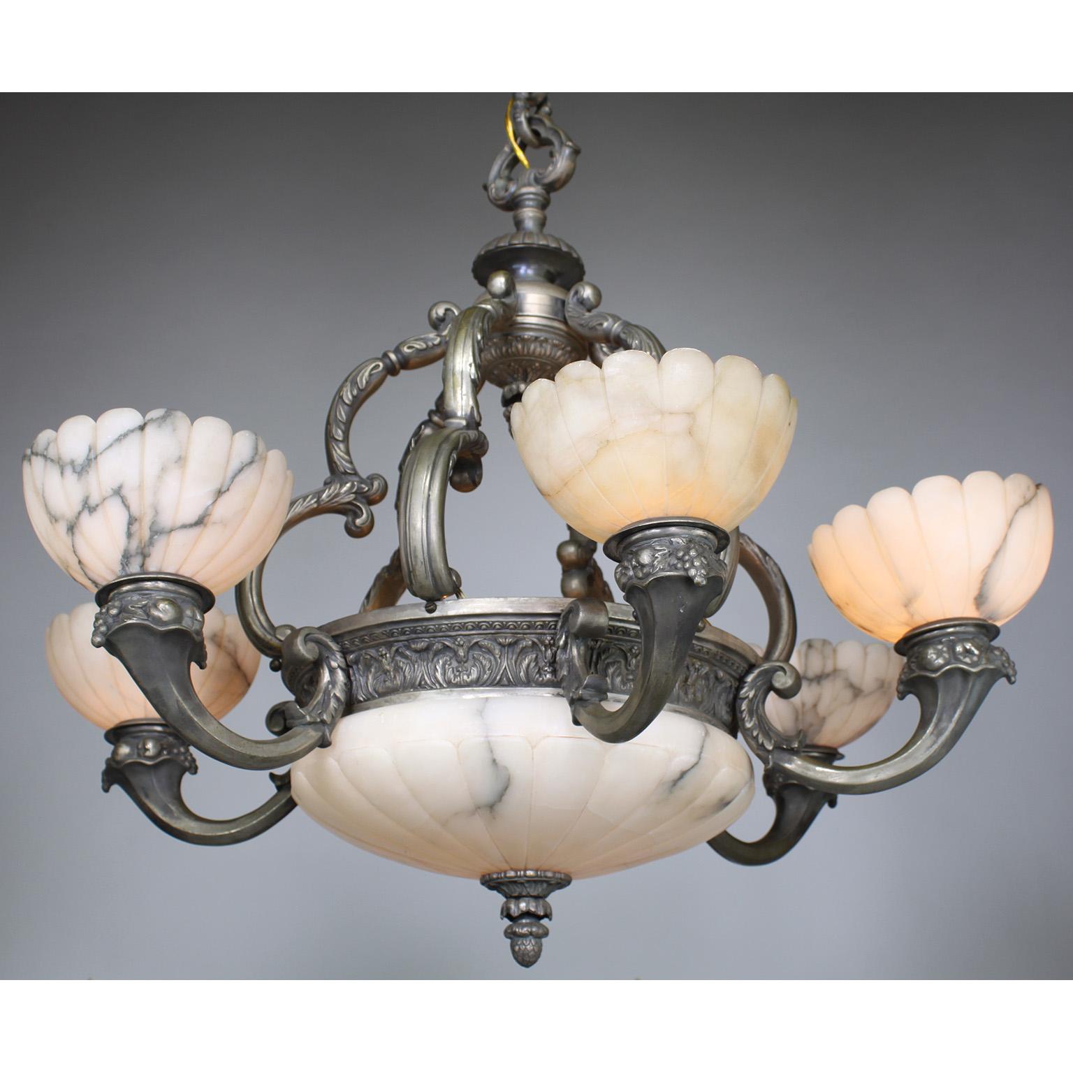 Art Deco French Early 20th C. Art-Deco Silvered Bronze & Alabaster 6-Light Chandelier For Sale