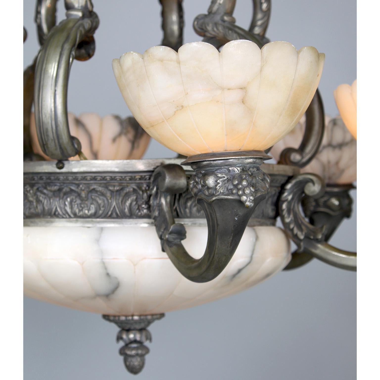 Early 20th Century French Early 20th C. Art-Deco Silvered Bronze & Alabaster 6-Light Chandelier For Sale