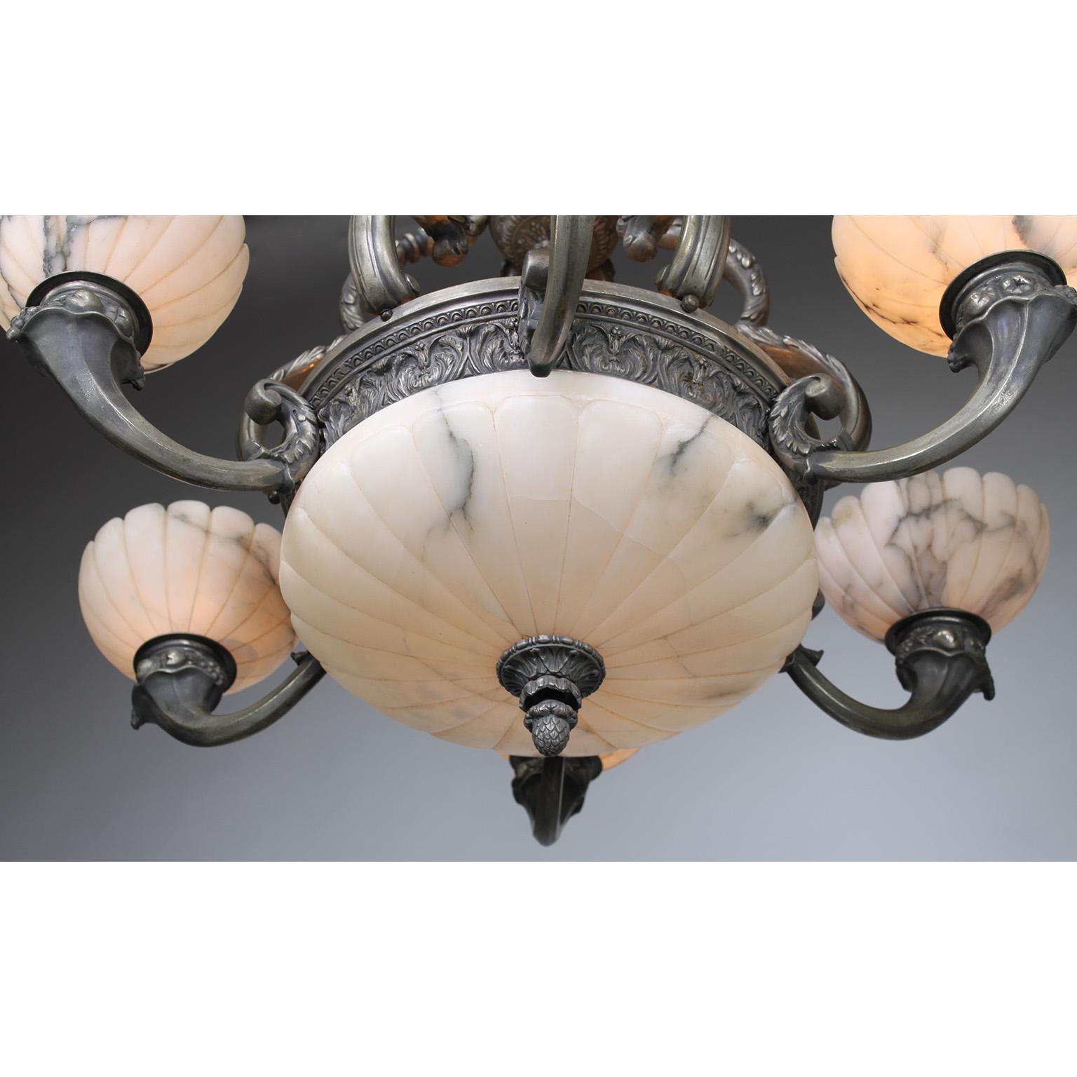 French Early 20th C. Art-Deco Silvered Bronze & Alabaster 6-Light Chandelier For Sale 1