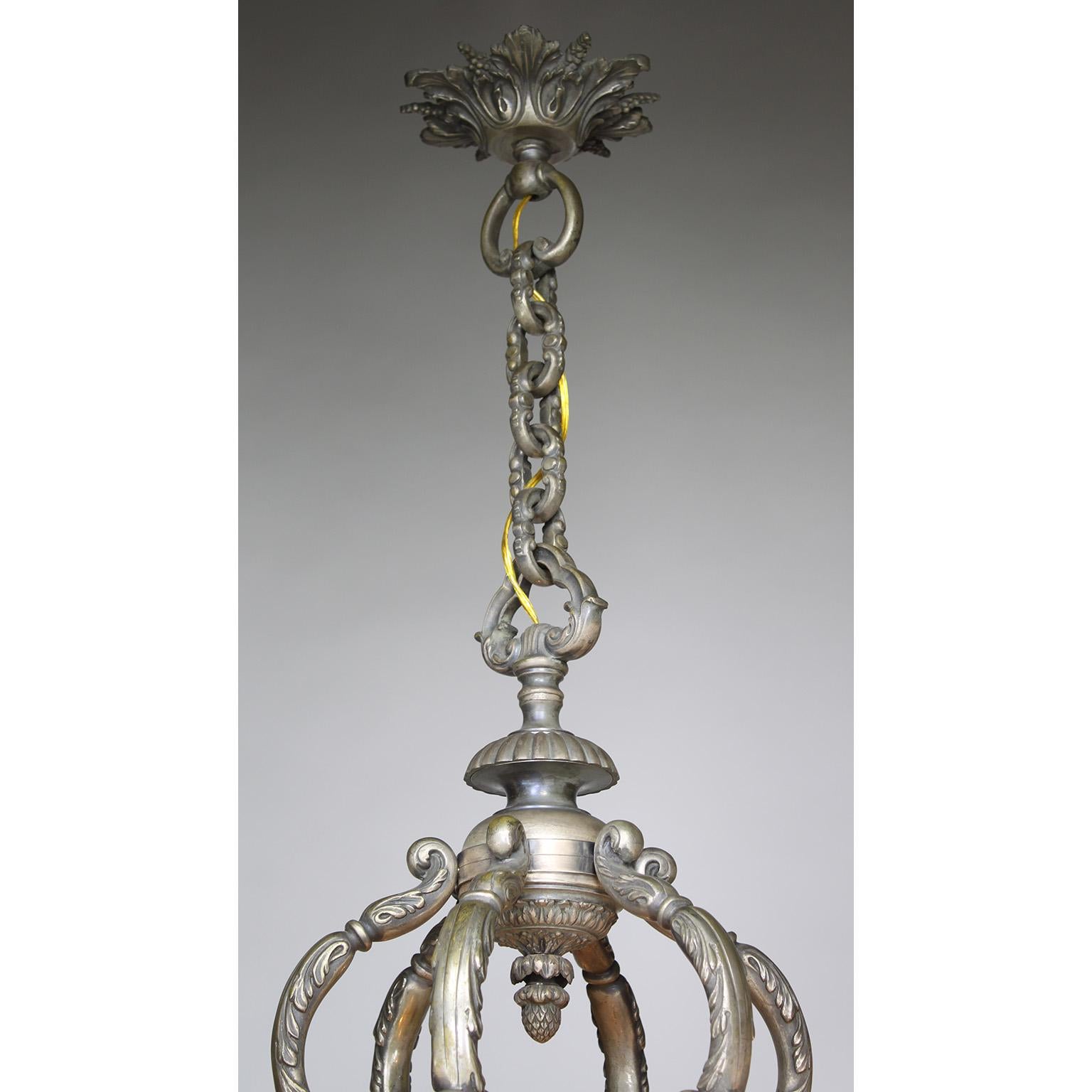 French Early 20th C. Art-Deco Silvered Bronze & Alabaster 6-Light Chandelier For Sale 2