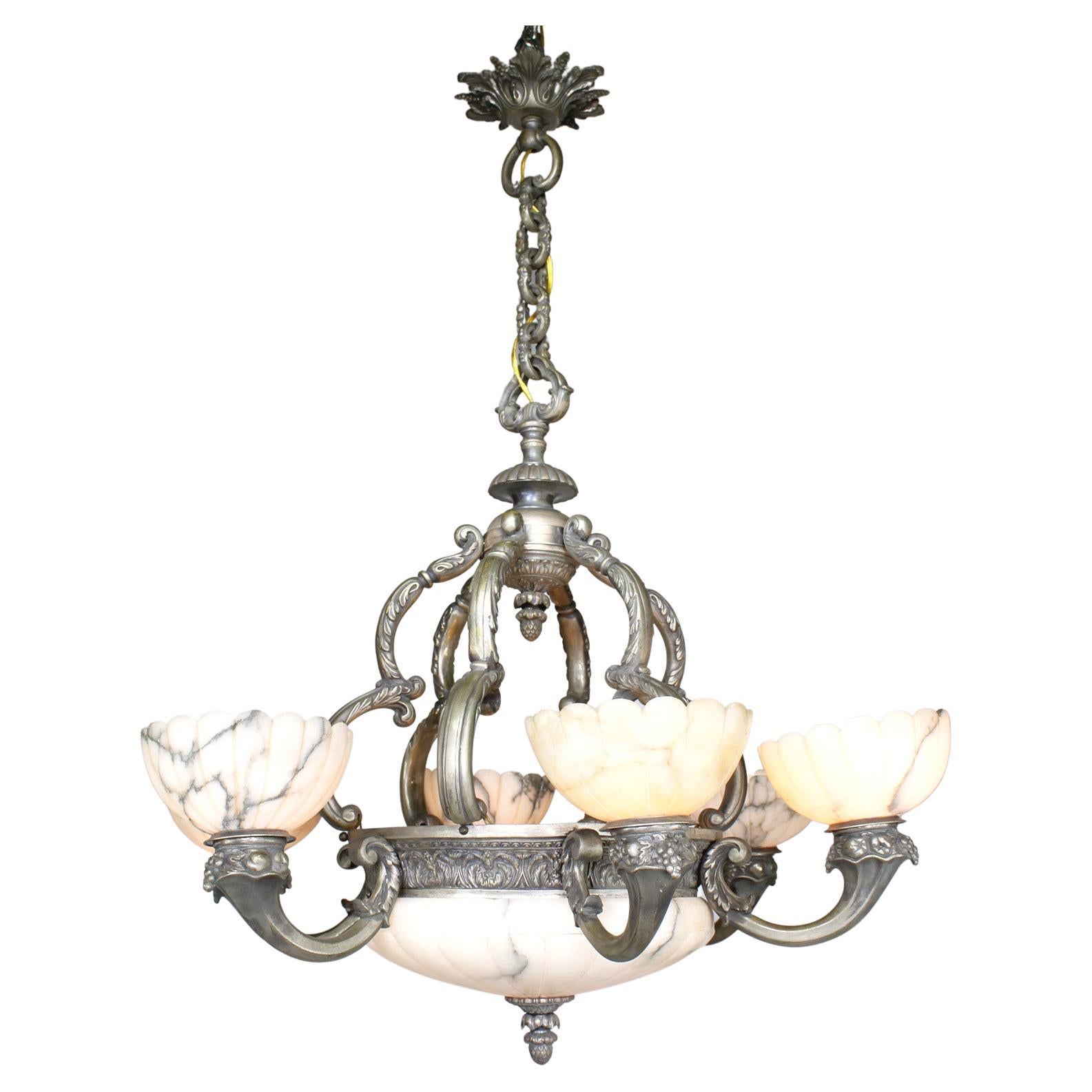 French Early 20th C. Art-Deco Silvered Bronze & Alabaster 6-Light Chandelier For Sale