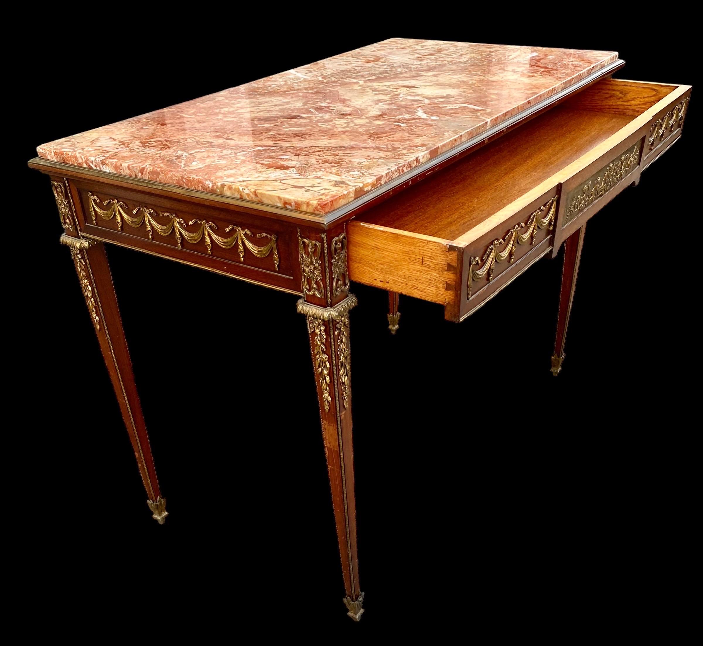 French Early 20th C. Louis XVI St. Mahogany, Ormolu and Marble Console Table For Sale 4