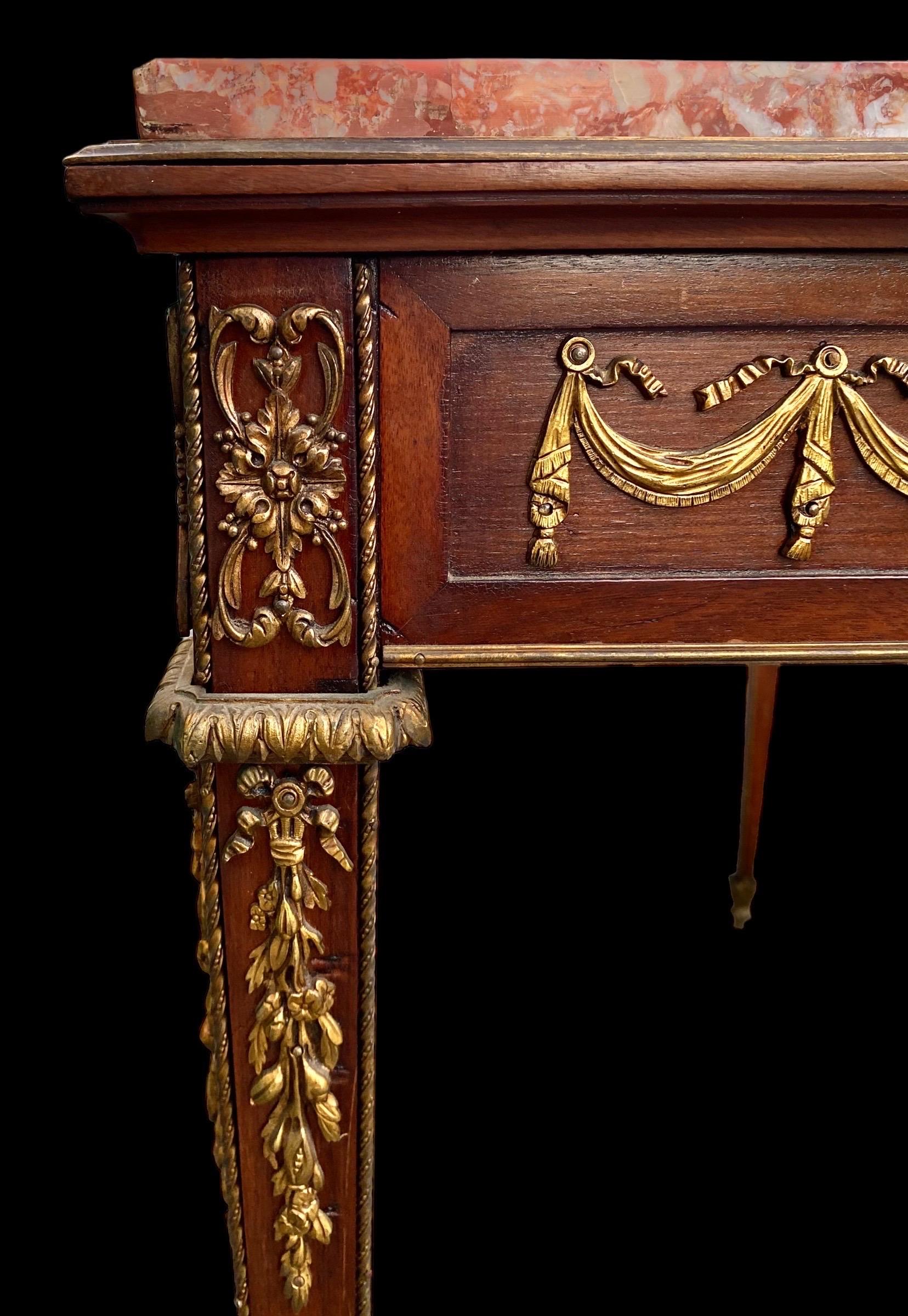 French Early 20th C. Louis XVI St. Mahogany, Ormolu and Marble Console Table 9