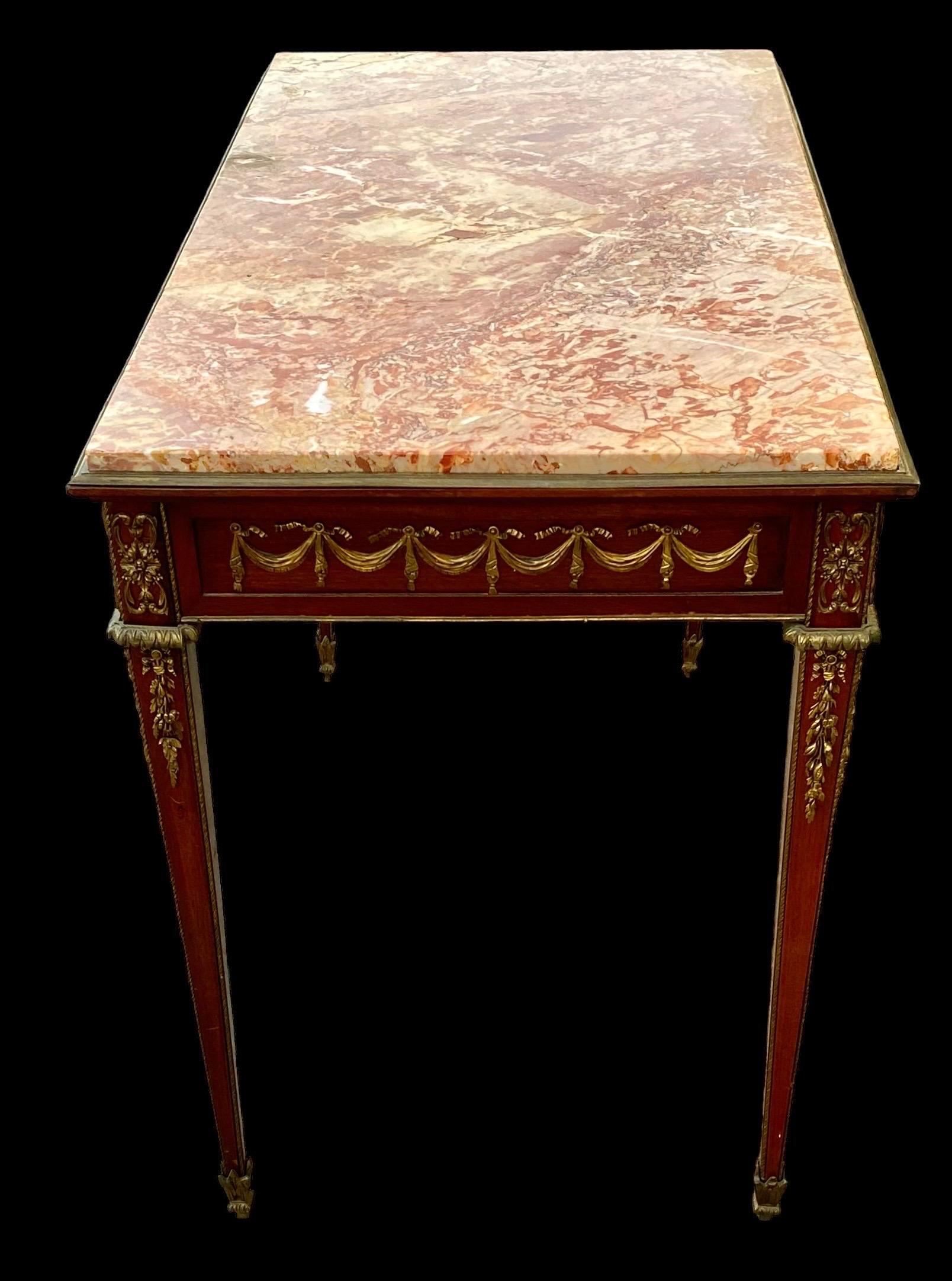 French Early 20th C. Louis XVI St. Mahogany, Ormolu and Marble Console Table For Sale 12