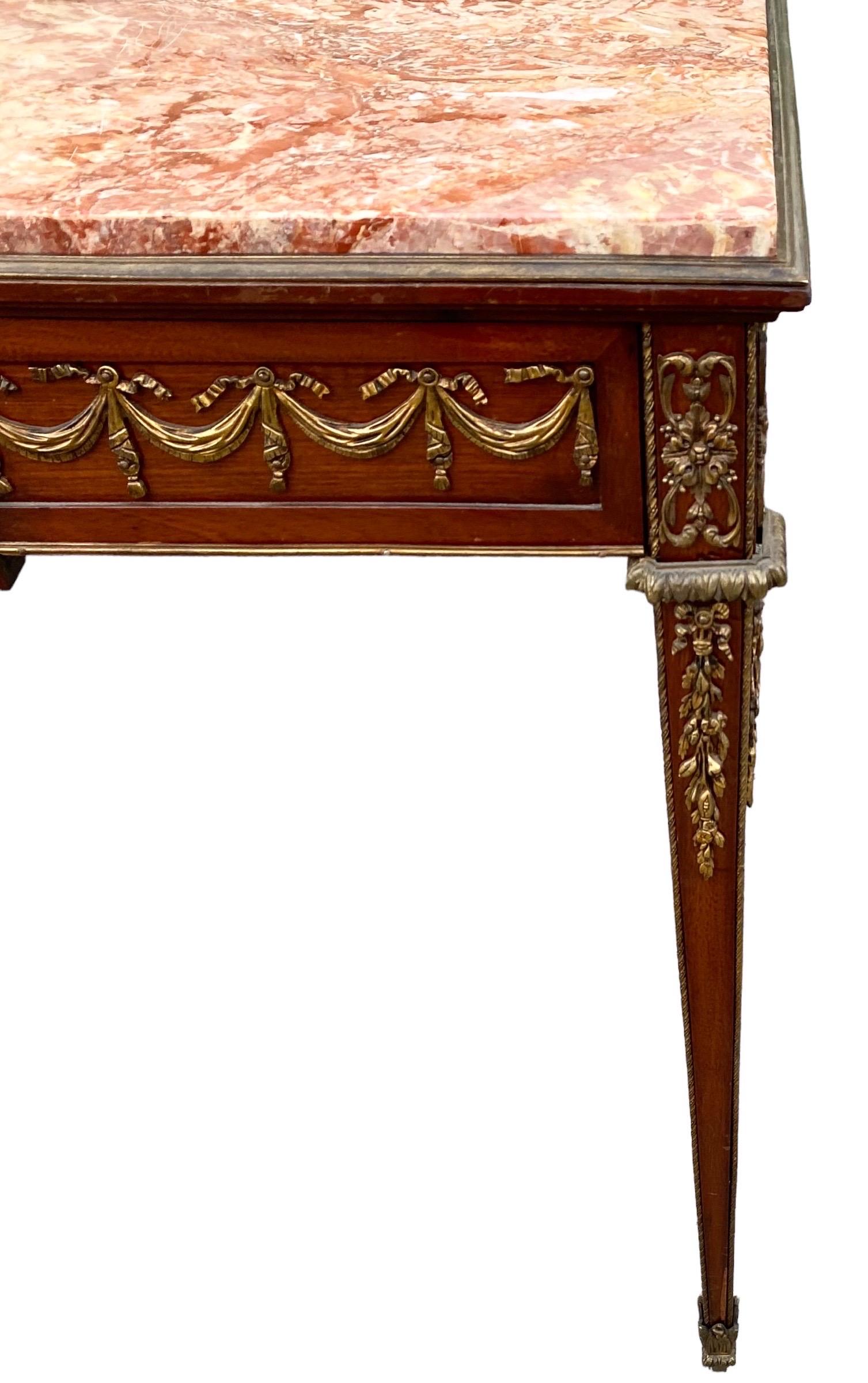 Belle Époque French Early 20th C. Louis XVI St. Mahogany, Ormolu and Marble Console Table For Sale
