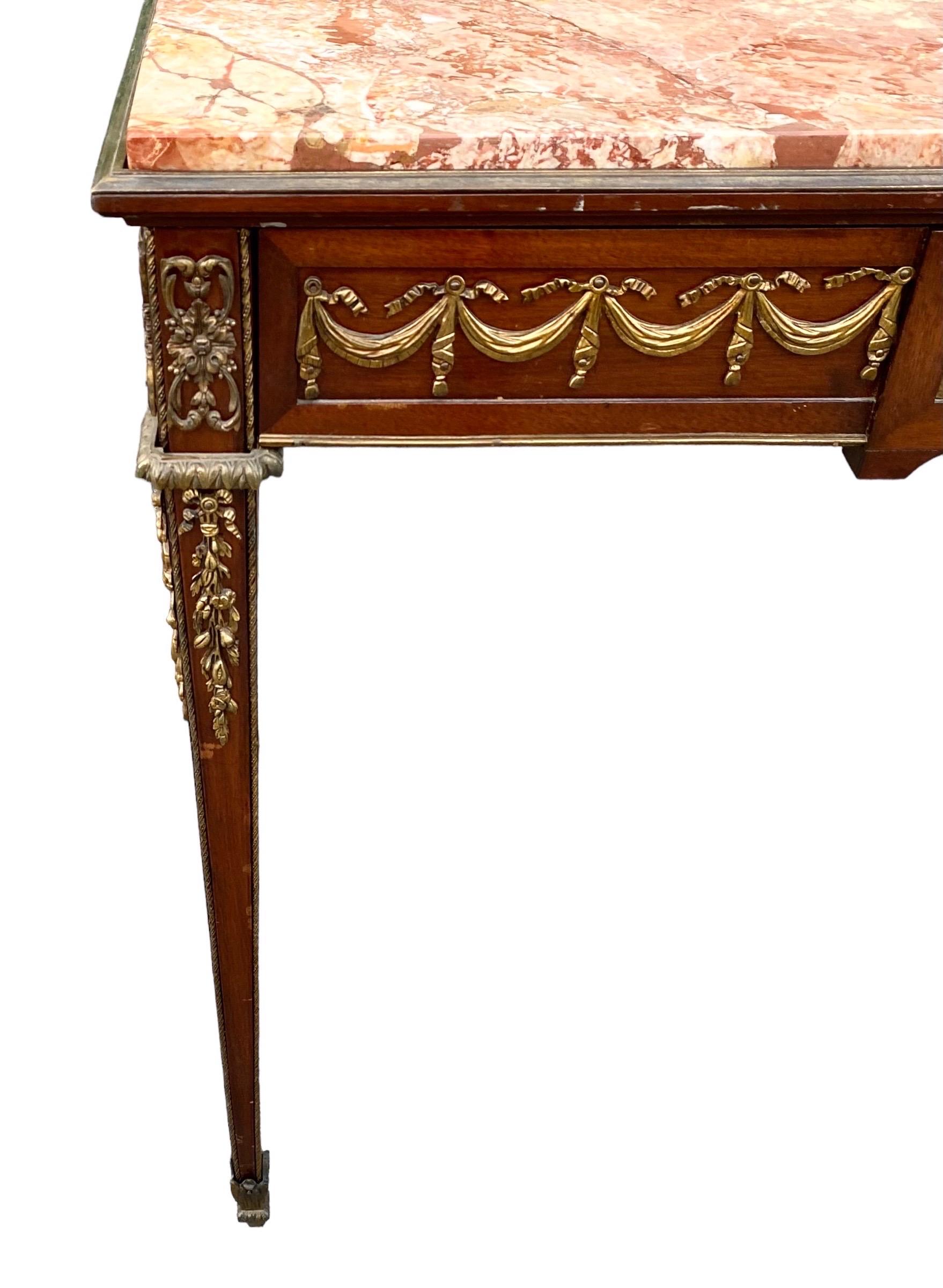 Carved French Early 20th C. Louis XVI St. Mahogany, Ormolu and Marble Console Table For Sale