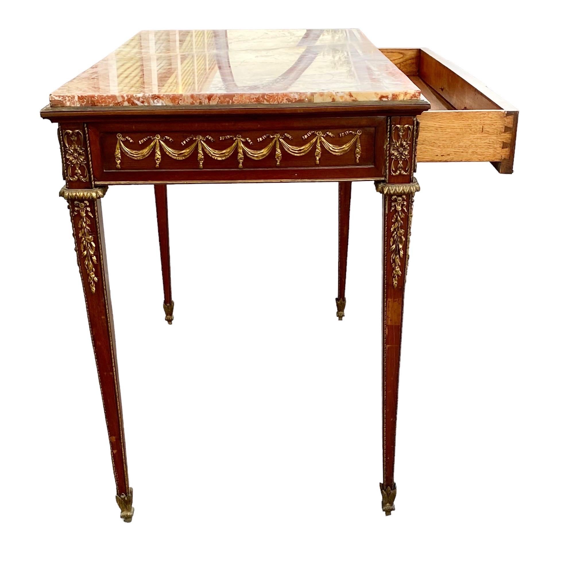 French Early 20th C. Louis XVI St. Mahogany, Ormolu and Marble Console Table In Good Condition For Sale In New Orleans, LA