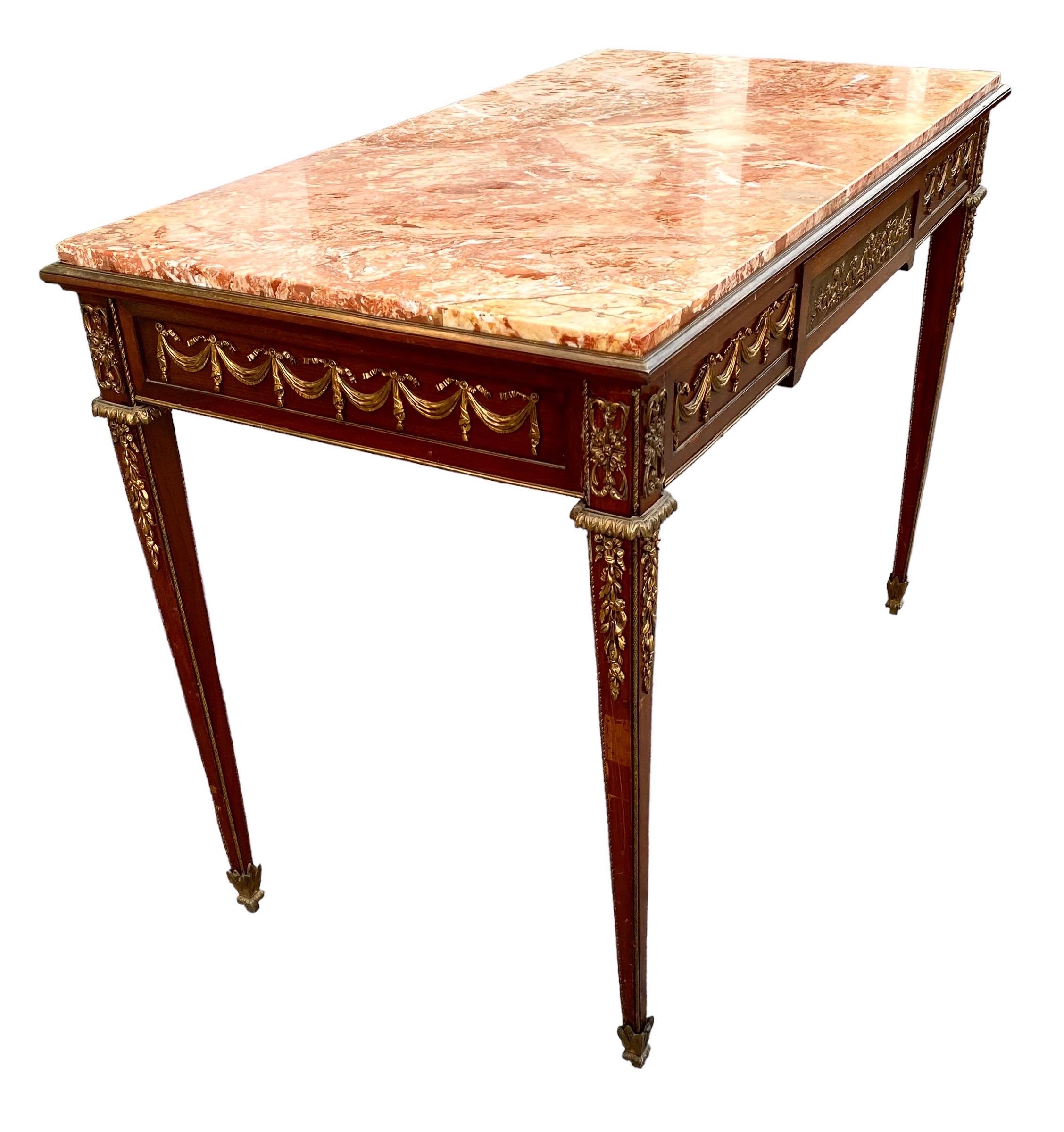 Early 20th Century French Early 20th C. Louis XVI St. Mahogany, Ormolu and Marble Console Table For Sale