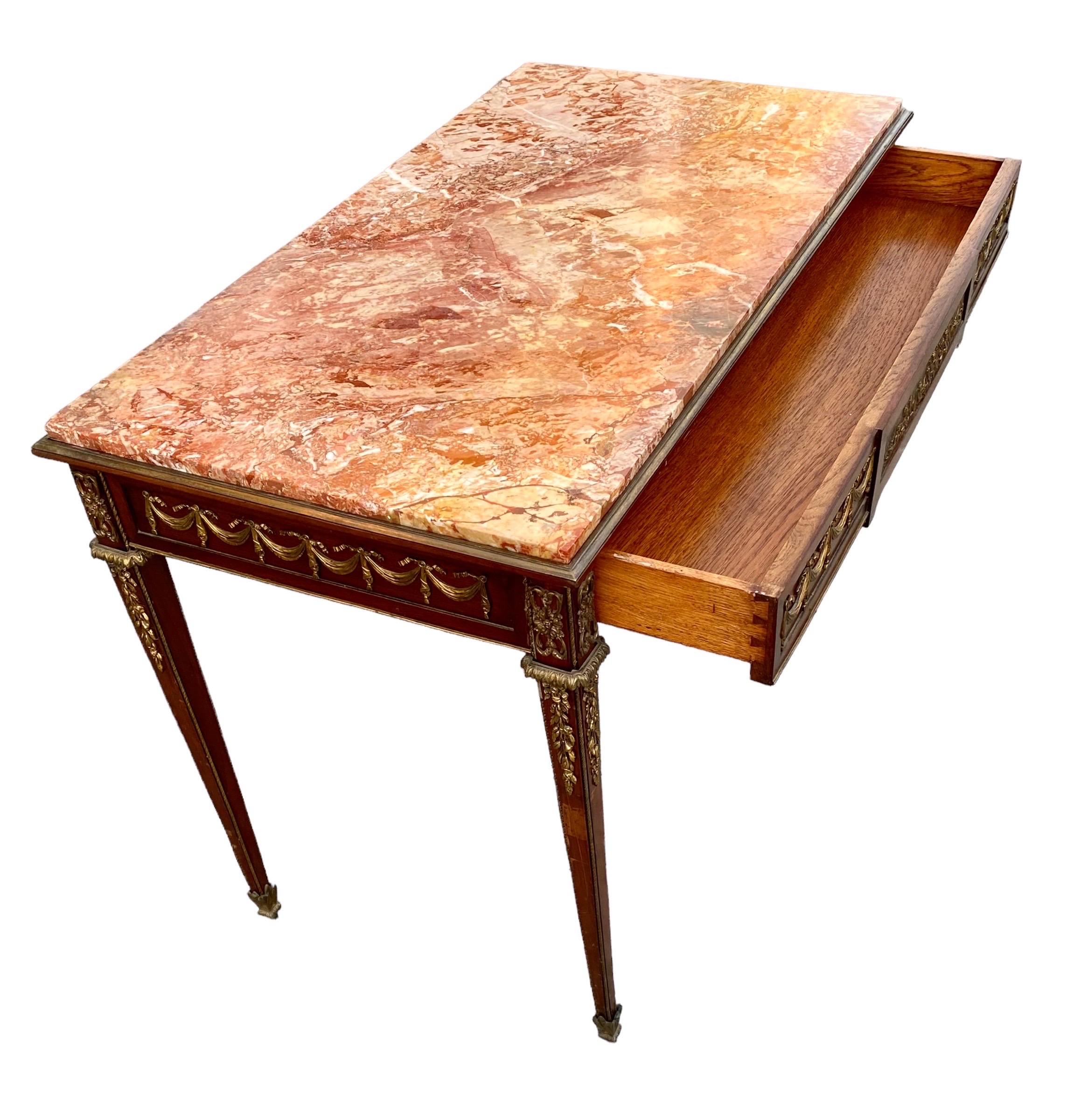 Bronze French Early 20th C. Louis XVI St. Mahogany, Ormolu and Marble Console Table For Sale