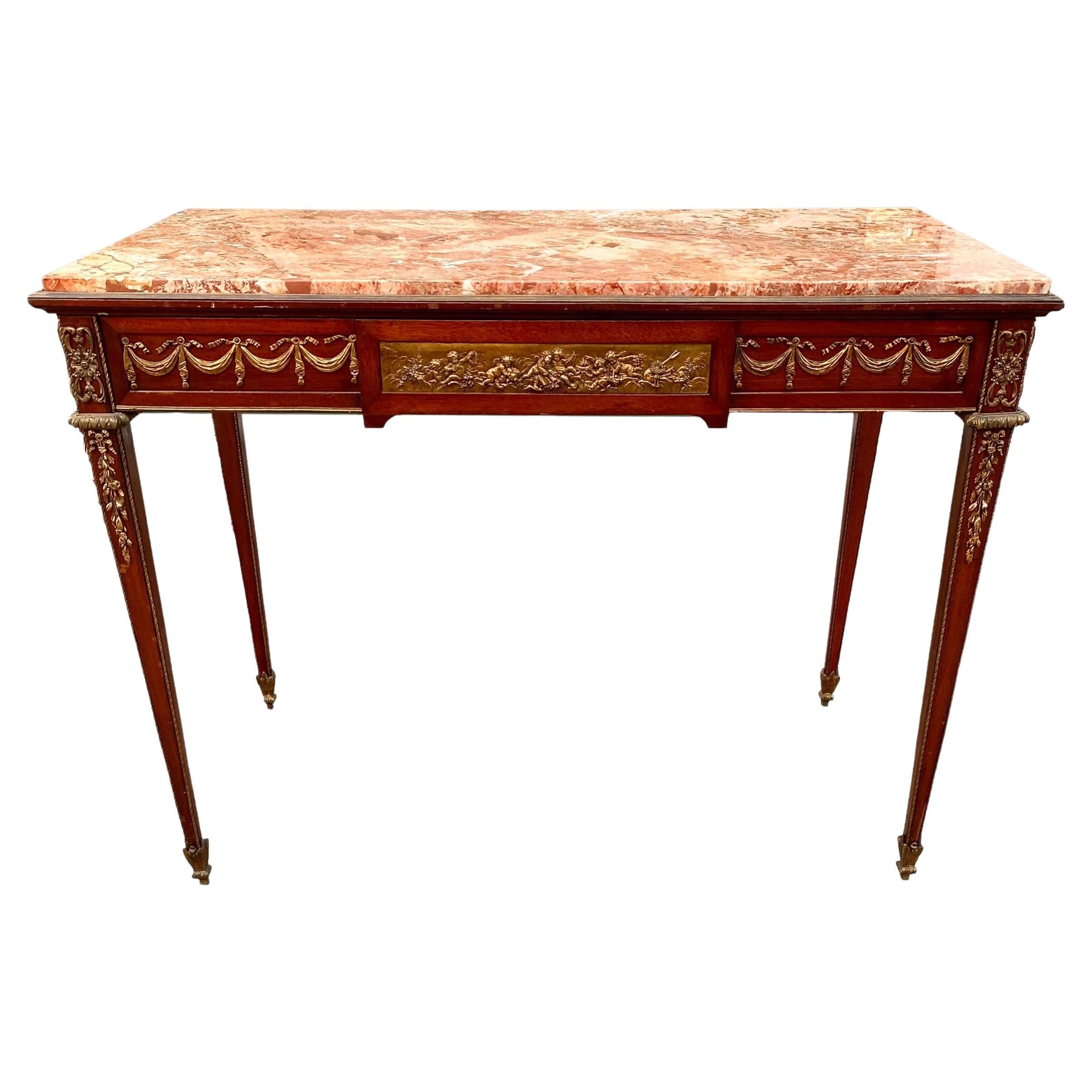 French Early 20th C. Louis XVI St. Mahogany, Ormolu and Marble Console Table For Sale