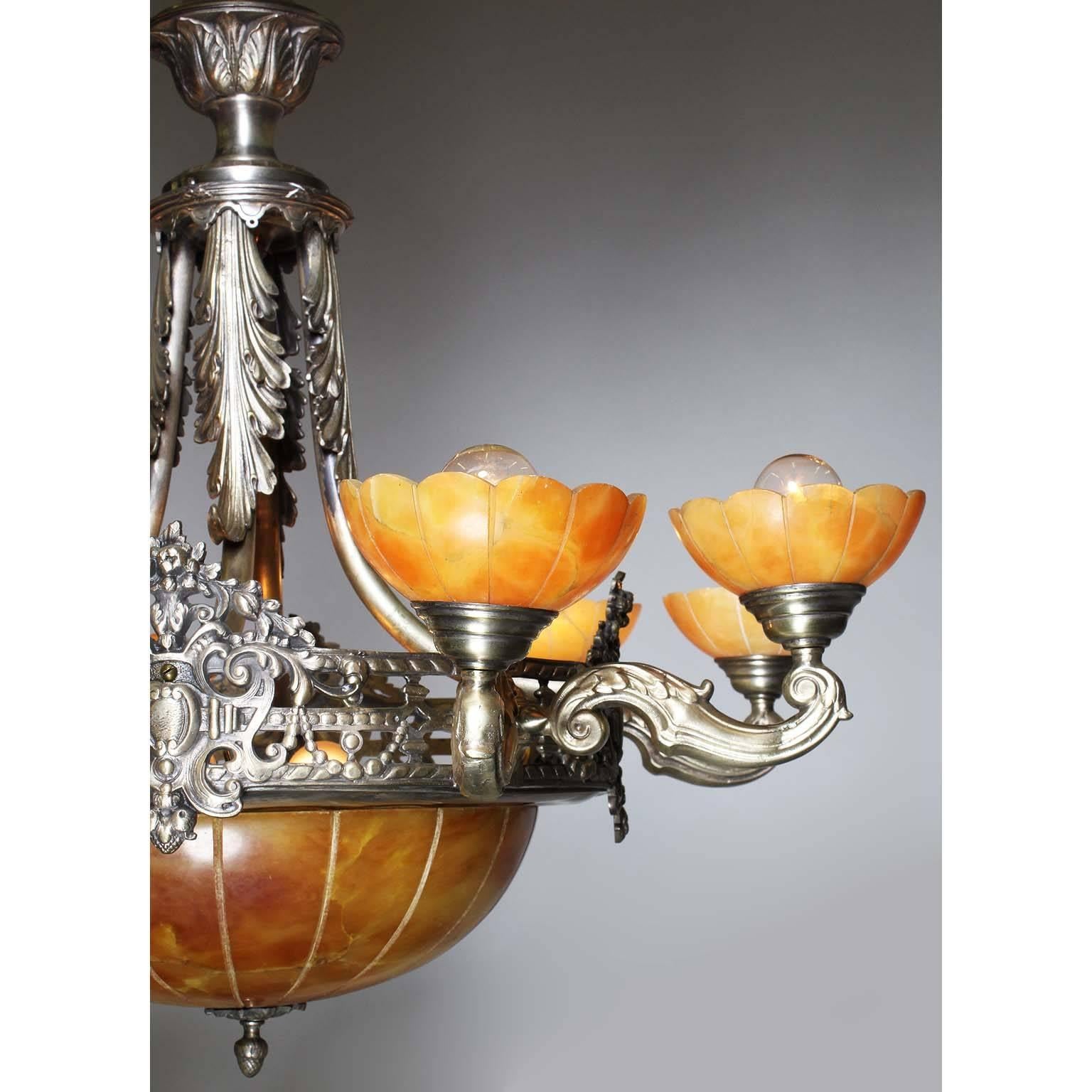 Carved French Early 20th Century Art Deco Silvered Bronze and Alabaster Chandelier For Sale