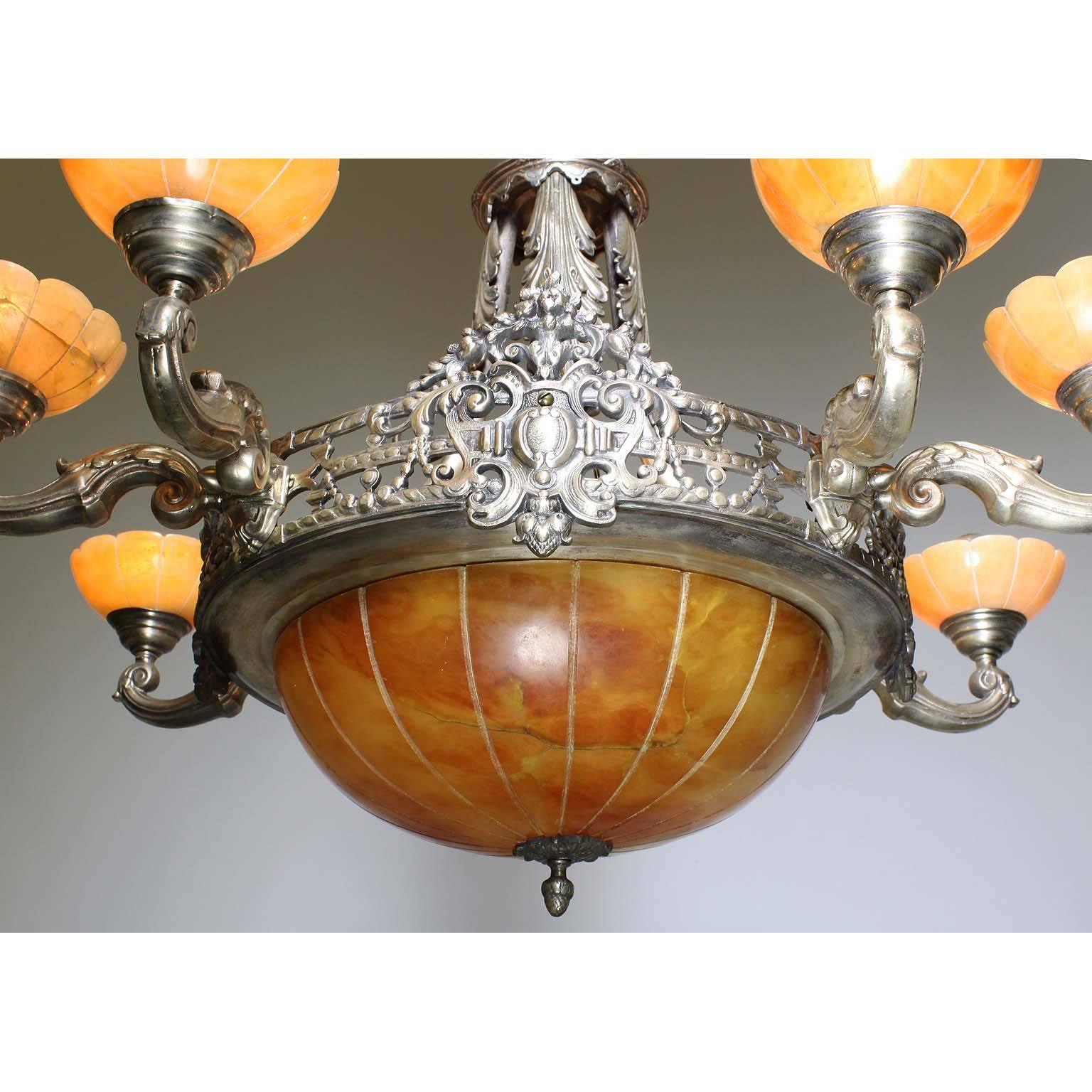 French Early 20th Century Art Deco Silvered Bronze and Alabaster Chandelier In Good Condition For Sale In Los Angeles, CA