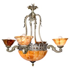 A French Early 20th Century Art Deco Silvered Bronze and Alabaster Chandelier