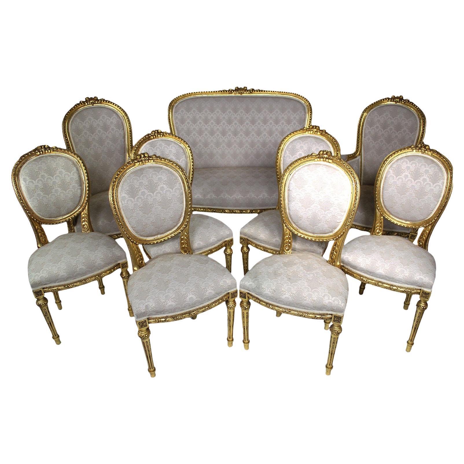 Französische 9-teilige Salon-Suite im Louis-XVI-Stil aus geschnitztem Giltholz, Anfang des 20.