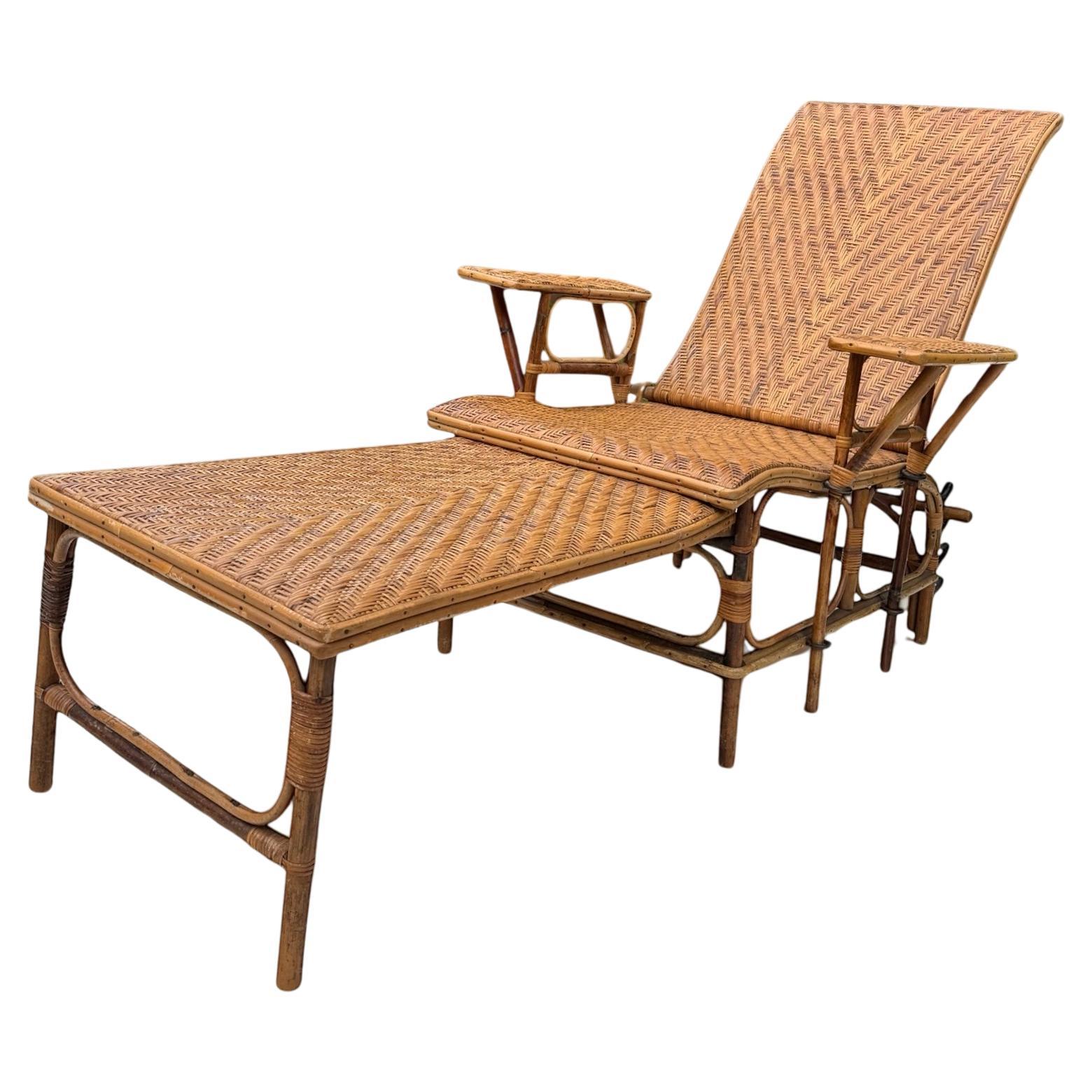 A French Early C 20th Steamer Lounge Chair Bamboo and Cane