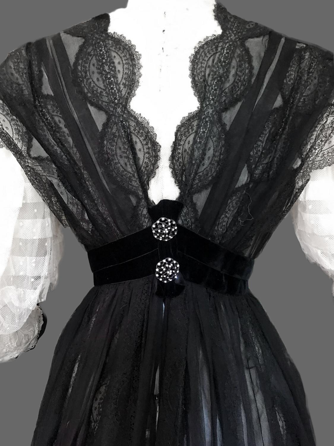 Black A French Edwardian Chiffon and Lace Tea-Gown Circa 1900